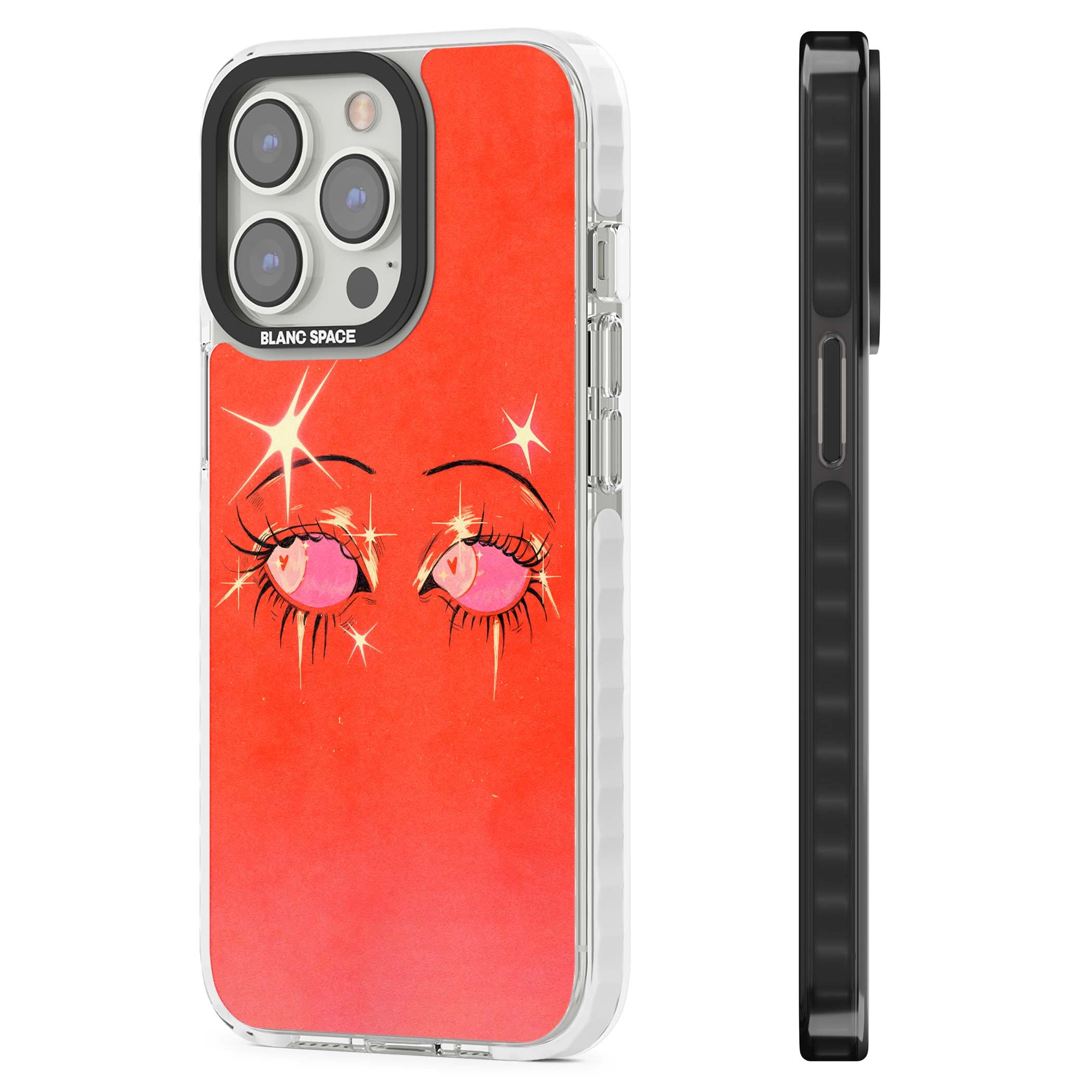 Pink Ethereal Eyes anime iPhone case featuring hand-drawn sparkly eyes with pink hearts and gold stars on red | Impact Magsafe case for iPhone 13 Pro, iPhone 14 Pro, iPhone 15 Pro