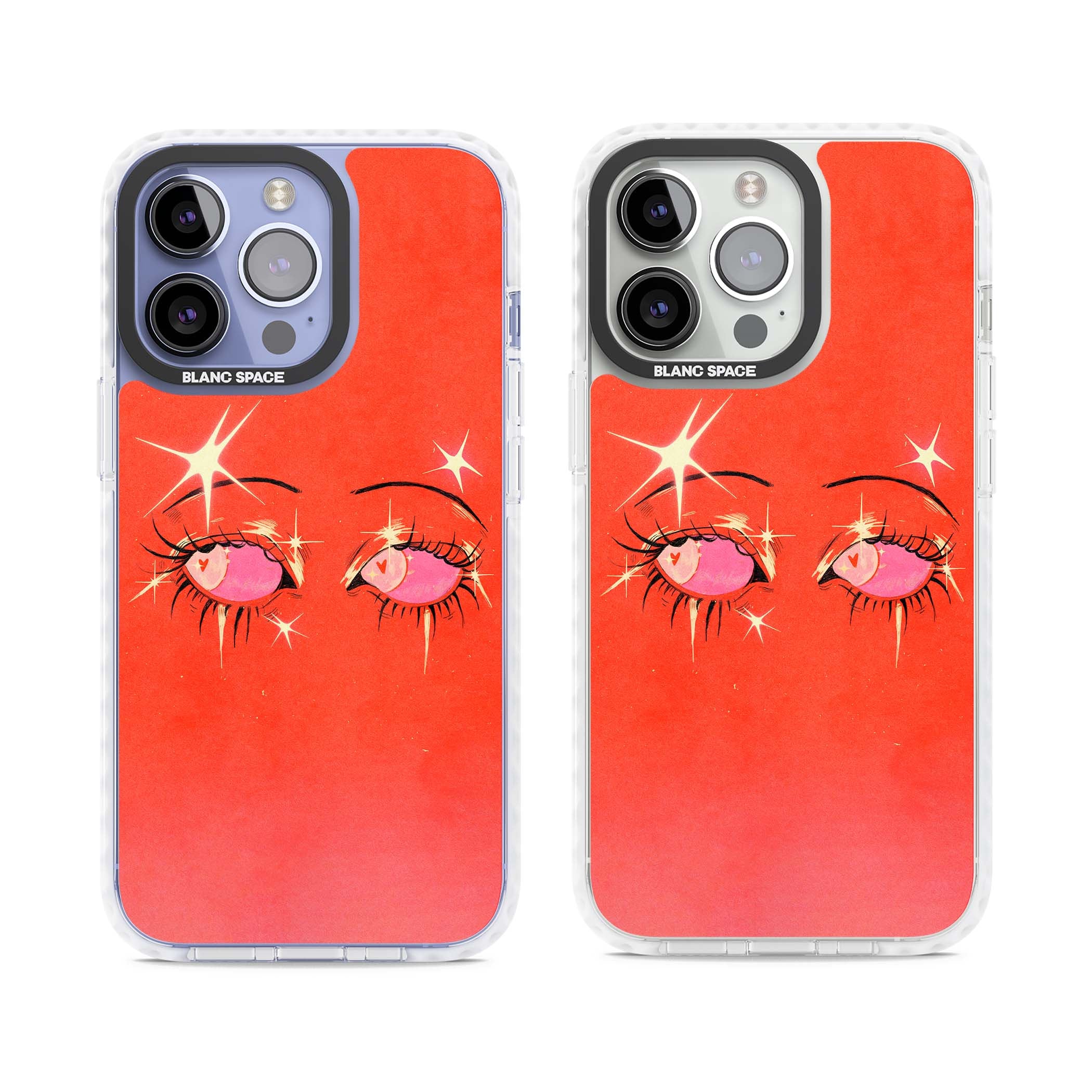 Pink Ethereal Eyes anime iPhone case featuring hand-drawn sparkly eyes with pink hearts and gold stars on red | Impact Magsafe case for iPhone 13 Pro, iPhone 14 Pro, iPhone 15 Pro