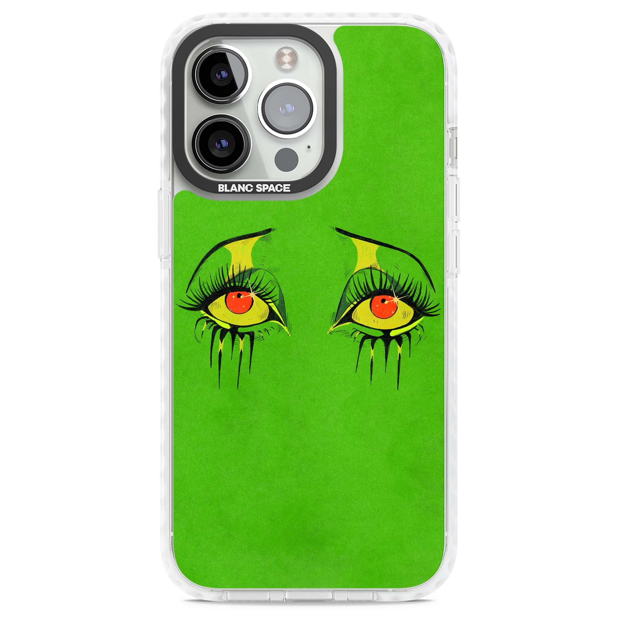Green Enchanted Eyes psychedelic art iPhone case featuring hand-drawn dripping eyes on neon green background | Impact Magsafe case for iPhone 13 Pro, iPhone 14 Pro, iPhone 15 Pro