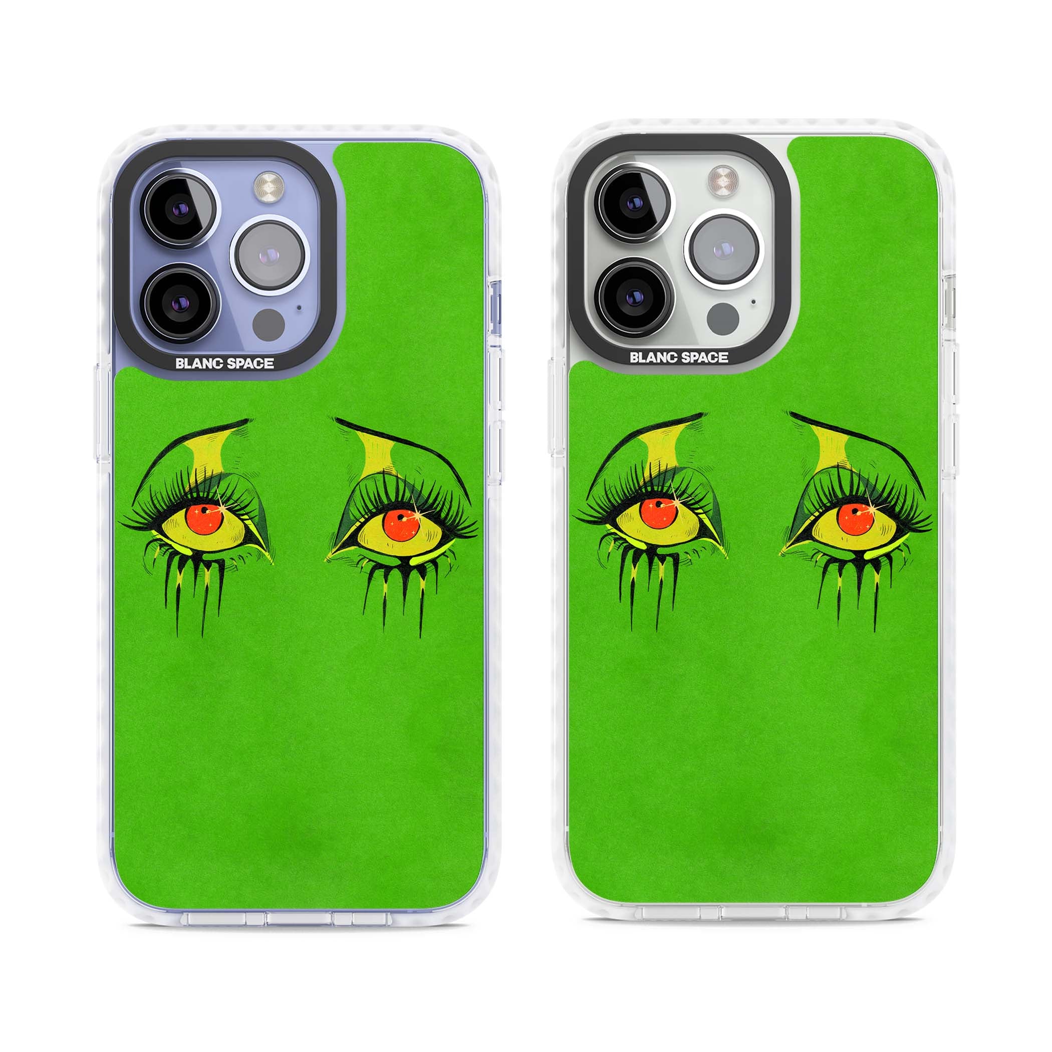 Green Enchanted Eyes psychedelic art iPhone case featuring hand-drawn dripping eyes on neon green background | Impact Magsafe case for iPhone 13 Pro, iPhone 14 Pro, iPhone 15 Pro