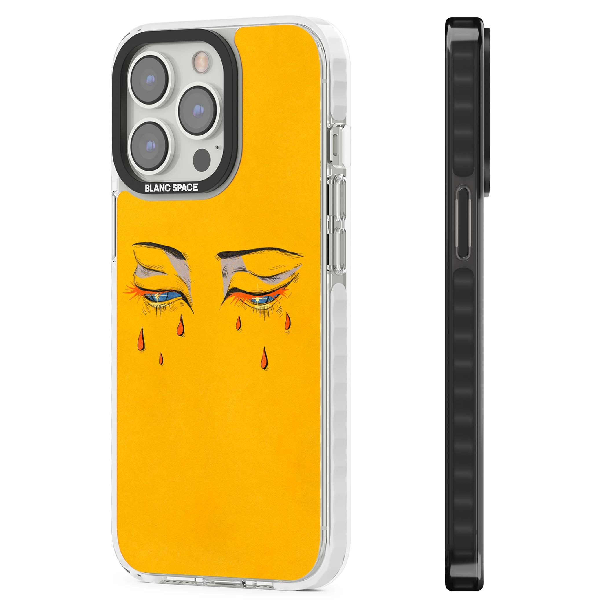 Yellow Tearful Eyes indie iPhone case featuring hand-drawn crying eyes with orange tears on a yellow background | Impact Magsafe case for iPhone 13 Pro, iPhone 14 Pro, iPhone 15 Pro