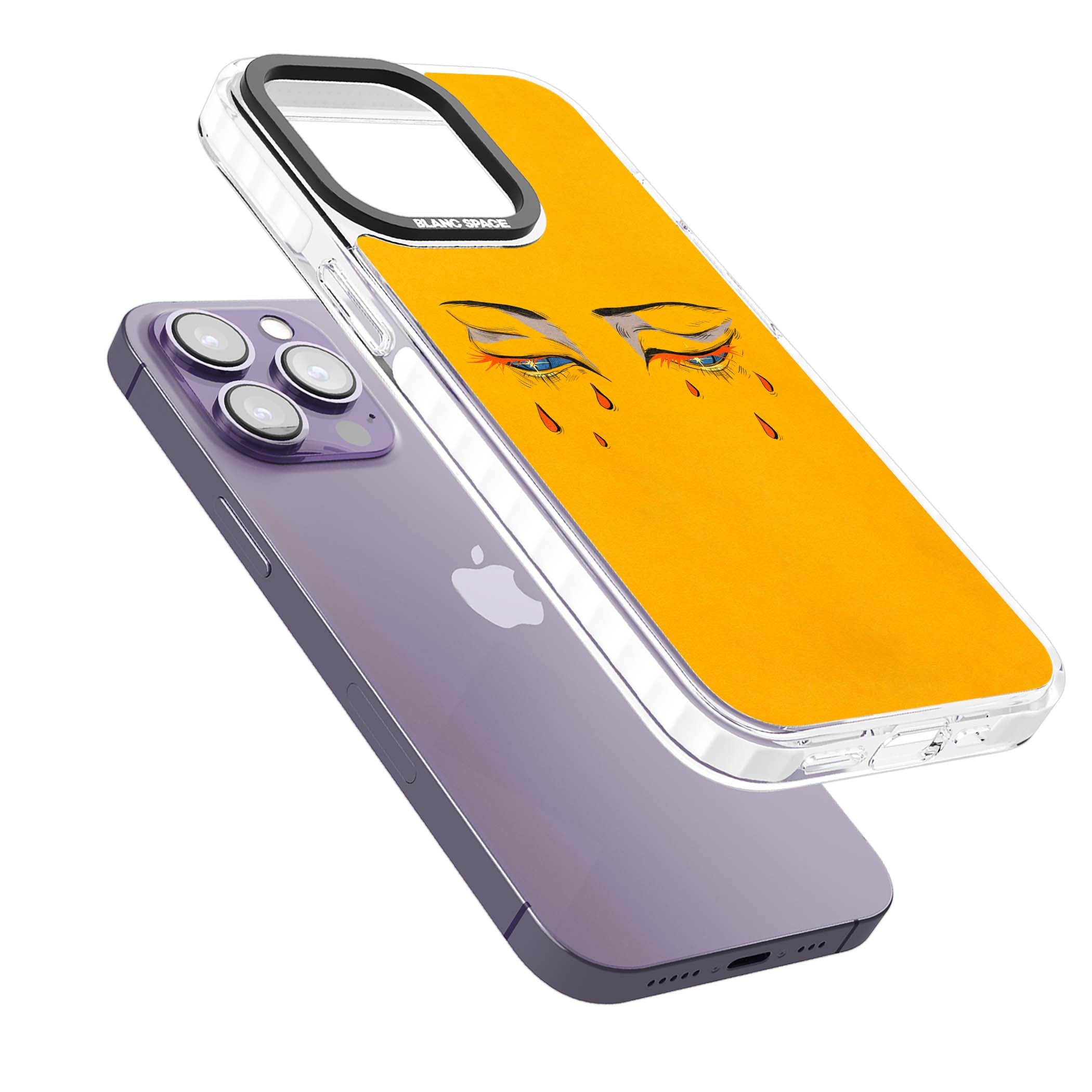 Yellow Tearful Eyes indie iPhone case featuring hand-drawn crying eyes with orange tears on a yellow background | Impact Magsafe case for iPhone 13 Pro, iPhone 14 Pro, iPhone 15 Pro
