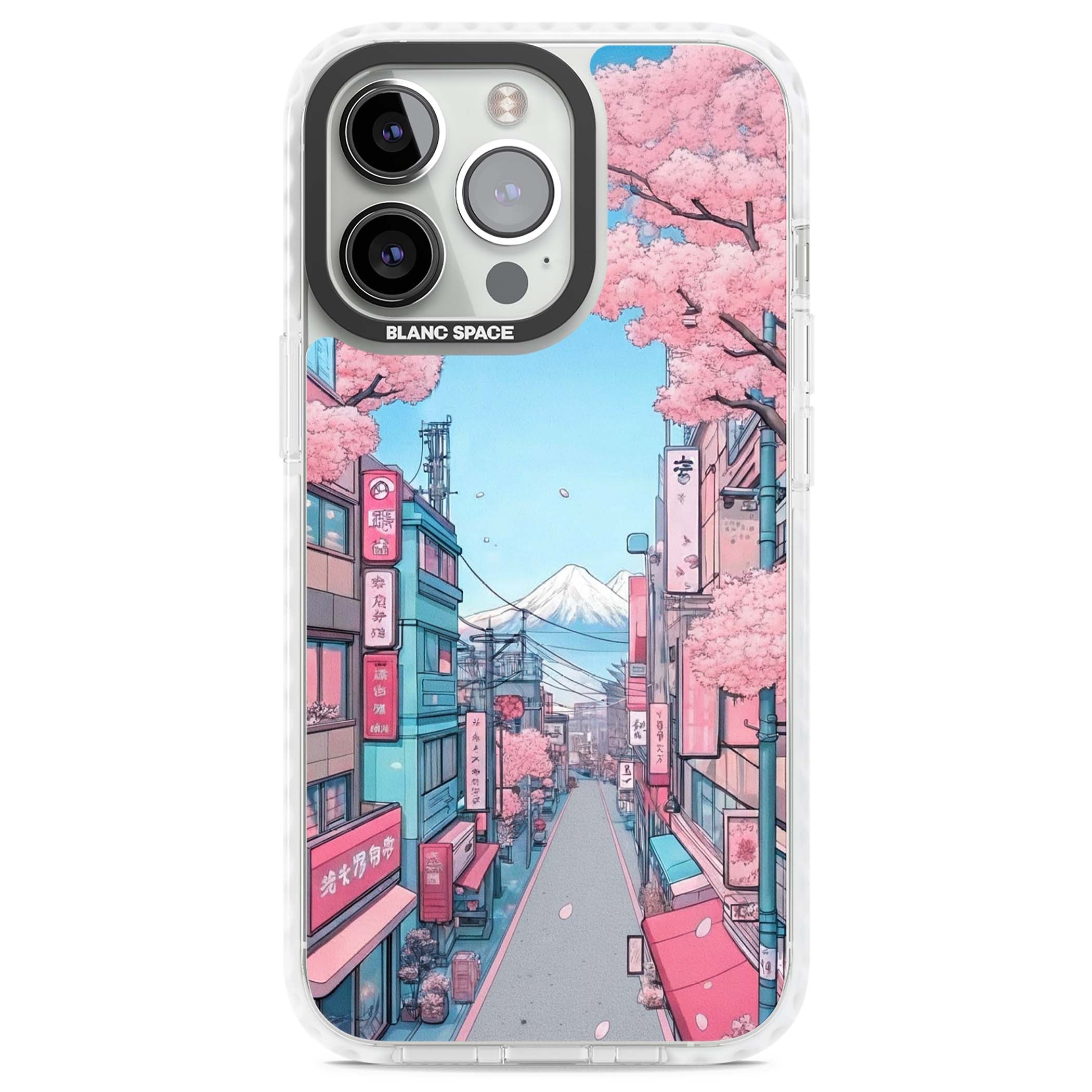 Sakura Lane anime iPhone case featuring Tokyo street scene with cherry blossoms and Mount Fuji | Impact Magsafe case for iPhone 13 Pro, iPhone 14 Pro, iPhone 15 Pro