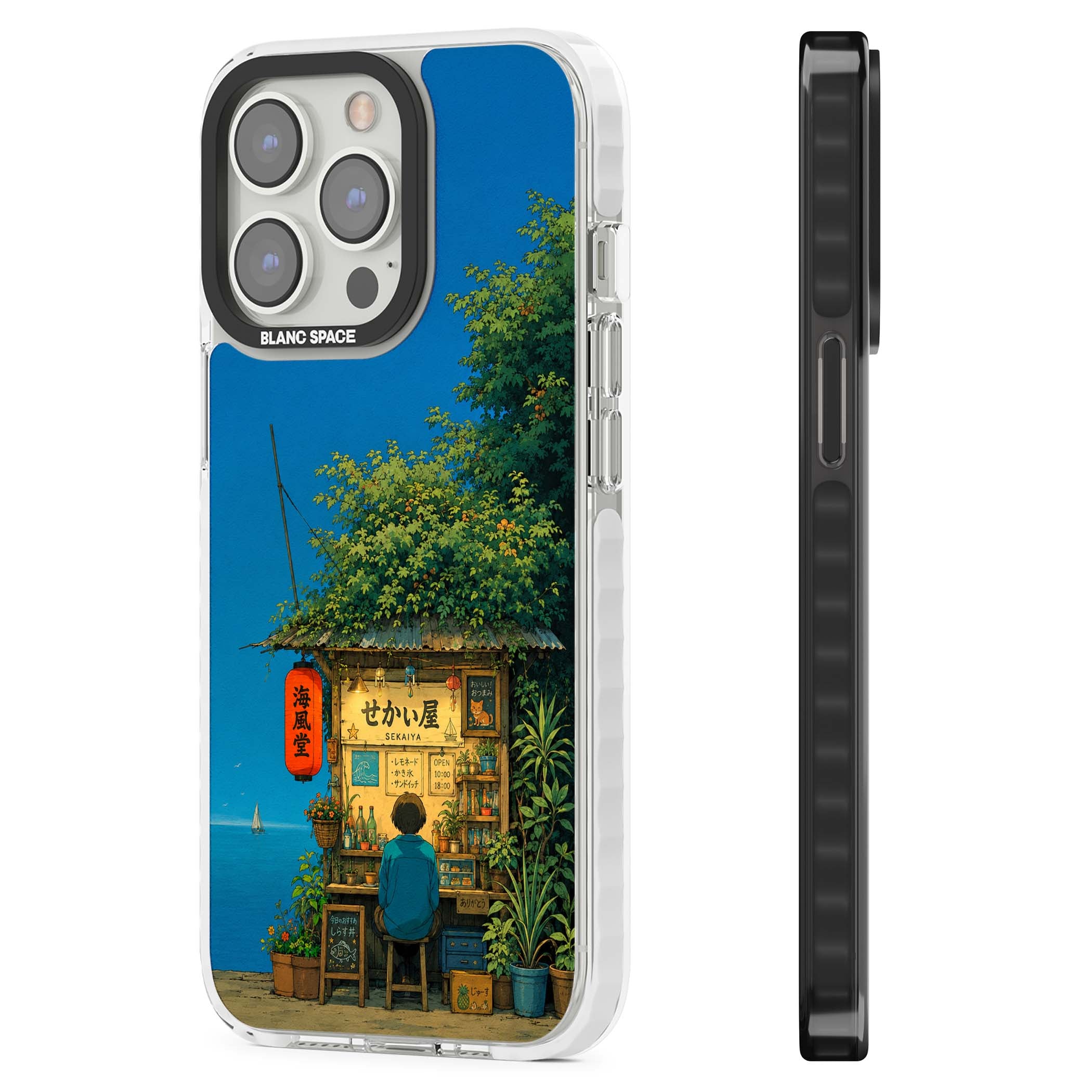 The Shirahama Kiosk anime iPhone case featuring a Japanese seaside shop, red paper lantern and ocean view | Impact Magsafe case for iPhone 13 Pro, iPhone 14 Pro, iPhone 15 Pro