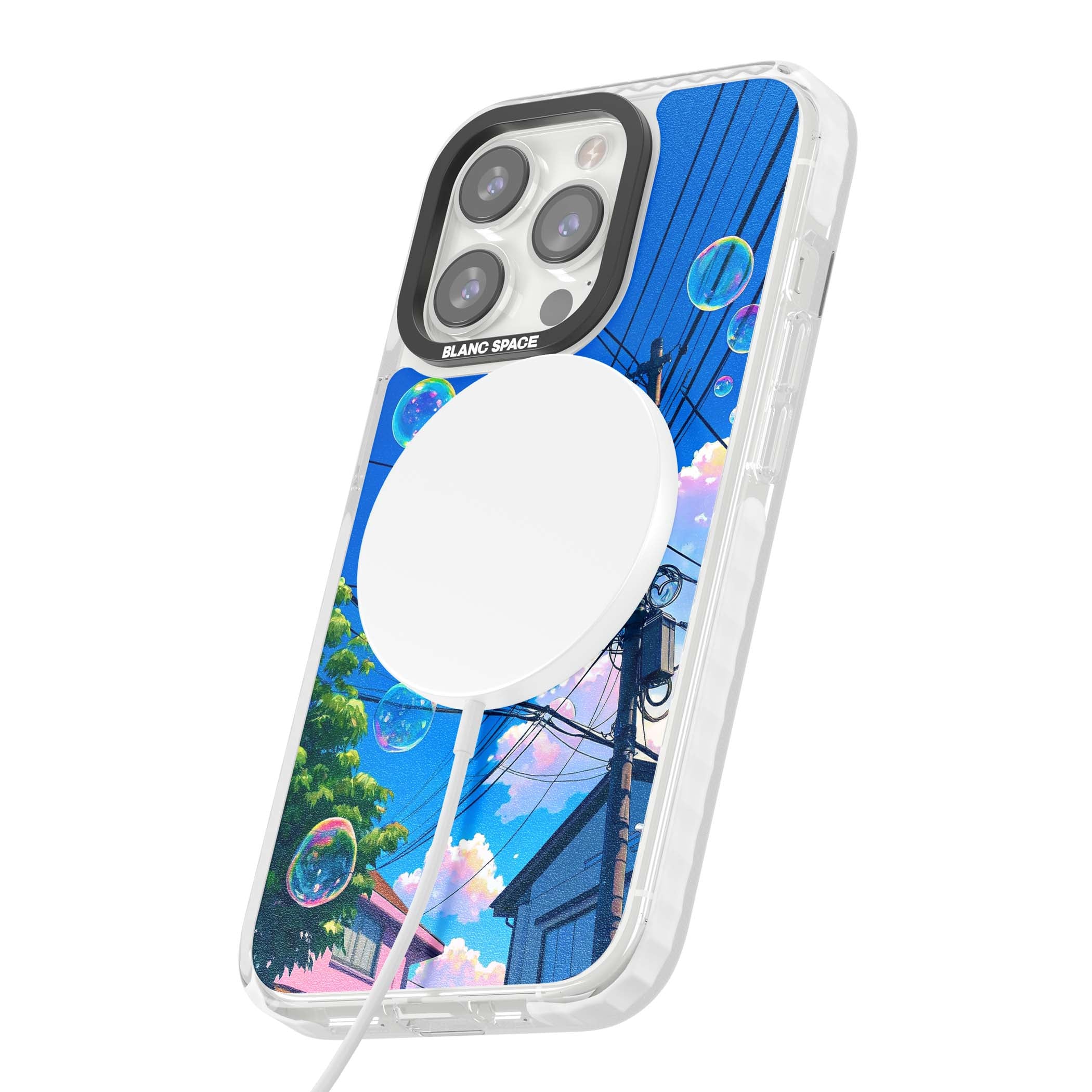 Suburban Bubbles anime iPhone case featuring iridescent soap bubbles, blue sky and Japanese telephone wires | Impact Magsafe case for iPhone 13 Pro, iPhone 14 Pro, iPhone 15 Pro