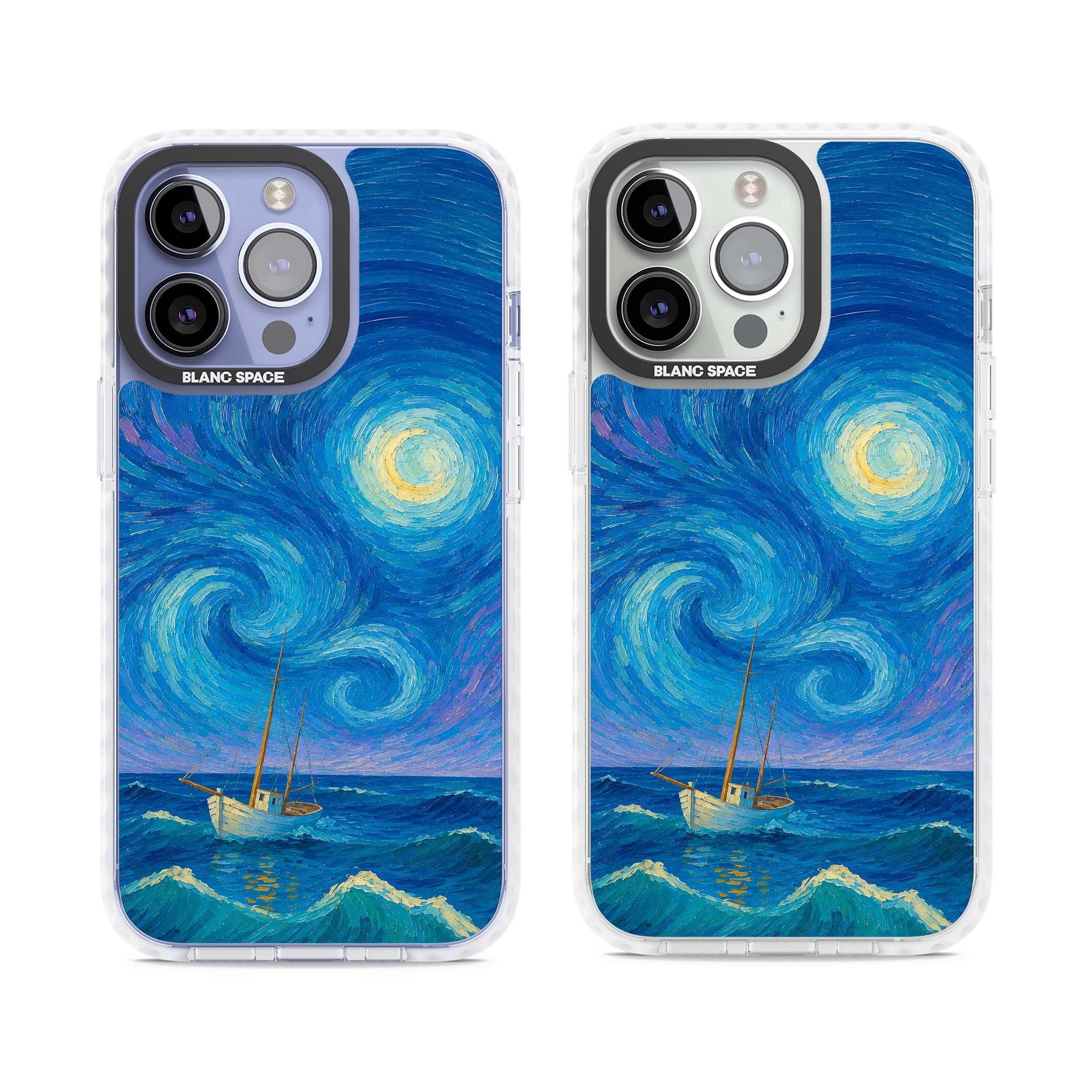 Moonlit Tide Van Gogh art iPhone case featuring swirling starry night sky, glowing moon and lone sailing boat at sea | Impact Magsafe case for iPhone 13 Pro, iPhone 14 Pro, iPhone 15 Pro
