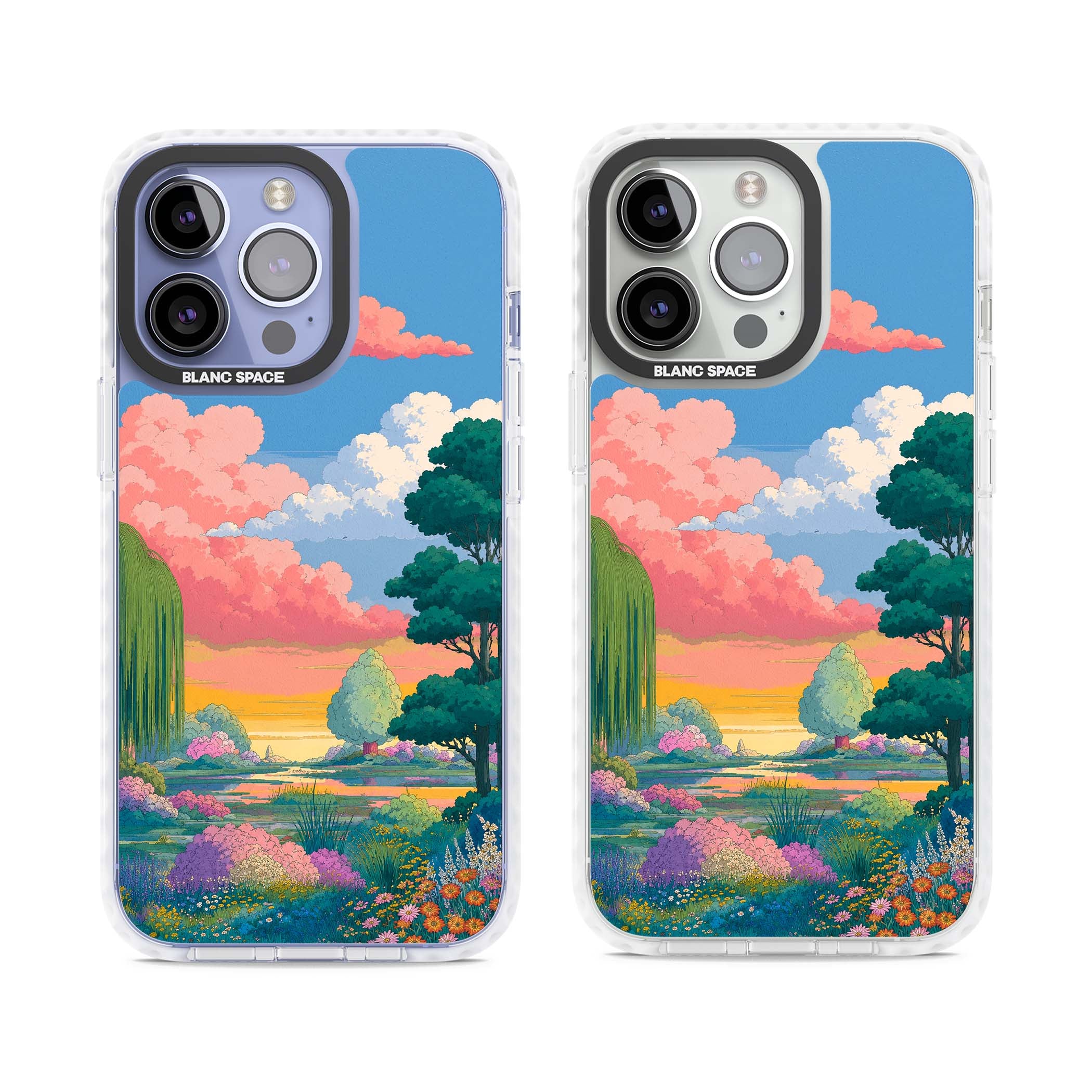 Dream Valley anime landscape iPhone case featuring pink sunset clouds, willow trees and wildflowers | Impact Magsafe case for iPhone 13 Pro, iPhone 14 Pro, iPhone 15 Pro