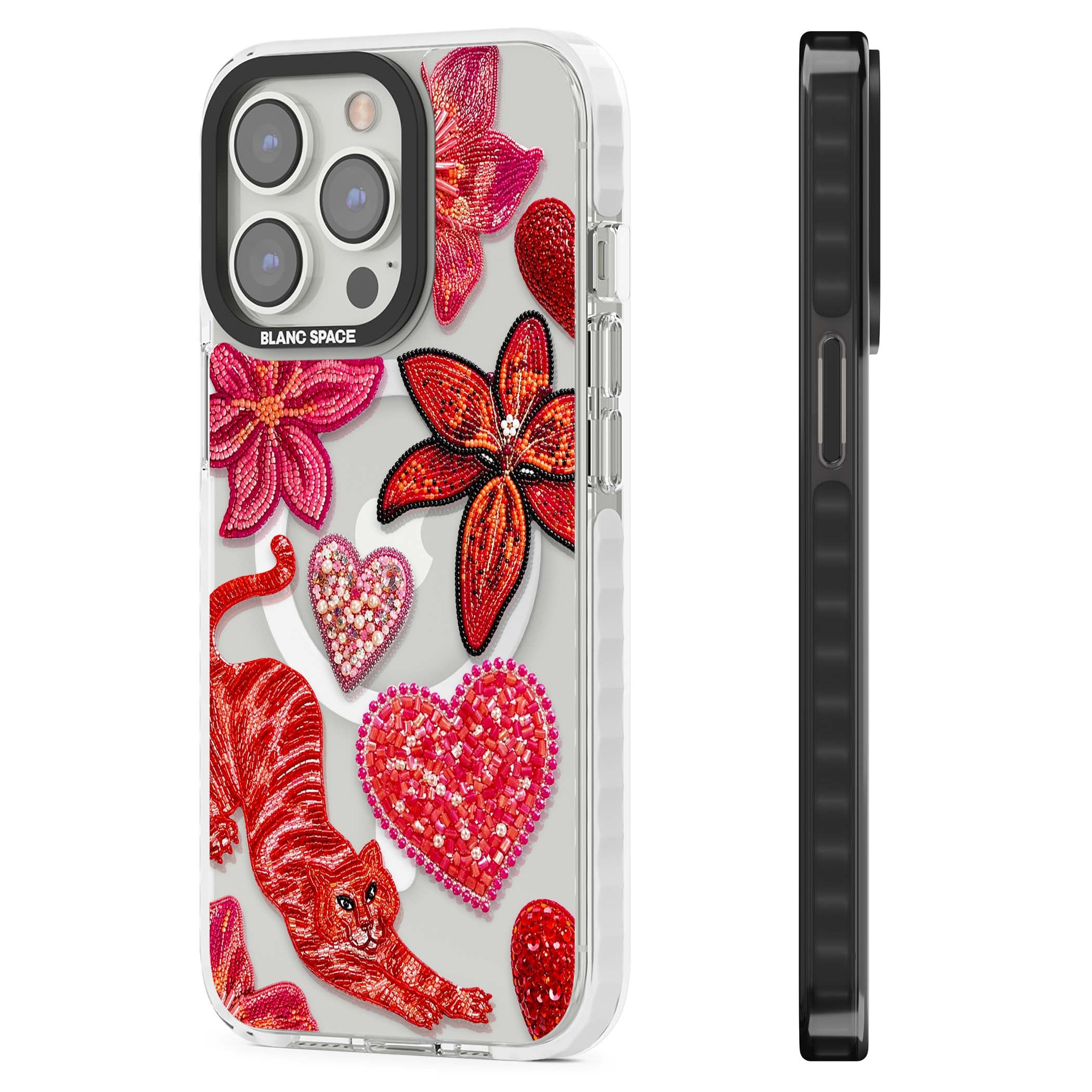 Beaded Boho floral iPhone case featuring beaded red lilies, a stitched tiger, and pearl-encrusted hearts on clear | Impact Magsafe case for iPhone 13 Pro, iPhone 14 Pro, iPhone 15 Pro