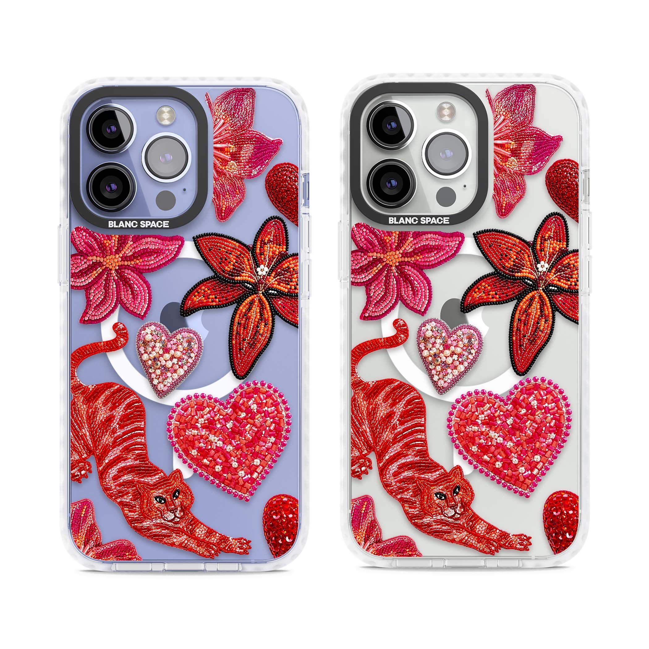 Beaded Boho floral iPhone case featuring beaded red lilies, a stitched tiger, and pearl-encrusted hearts on clear | Impact Magsafe case for iPhone 13 Pro, iPhone 14 Pro, iPhone 15 Pro