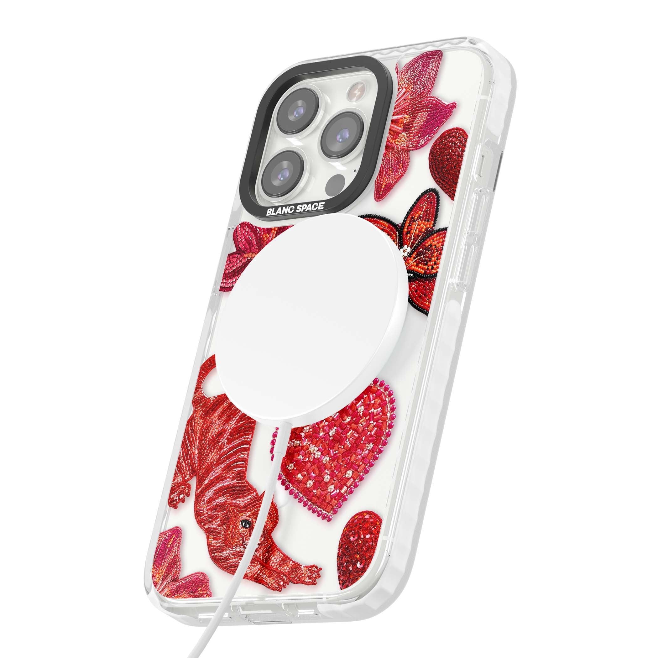Beaded Boho floral iPhone case featuring beaded red lilies, a stitched tiger, and pearl-encrusted hearts on clear | Impact Magsafe case for iPhone 13 Pro, iPhone 14 Pro, iPhone 15 Pro
