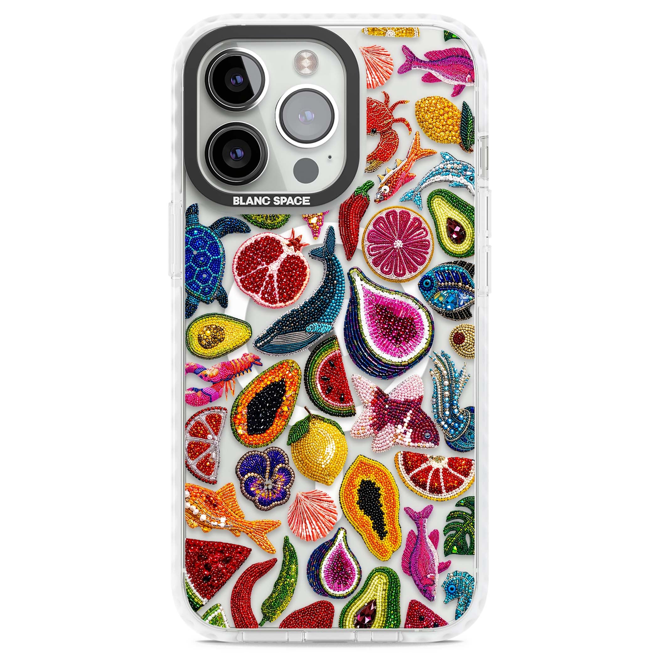 Beaded Tropic tropical iPhone case featuring beaded fruit, fish, crabs and seashells in vibrant colour | Impact Magsafe case for iPhone 13 Pro, iPhone 14 Pro, iPhone 15 Pro