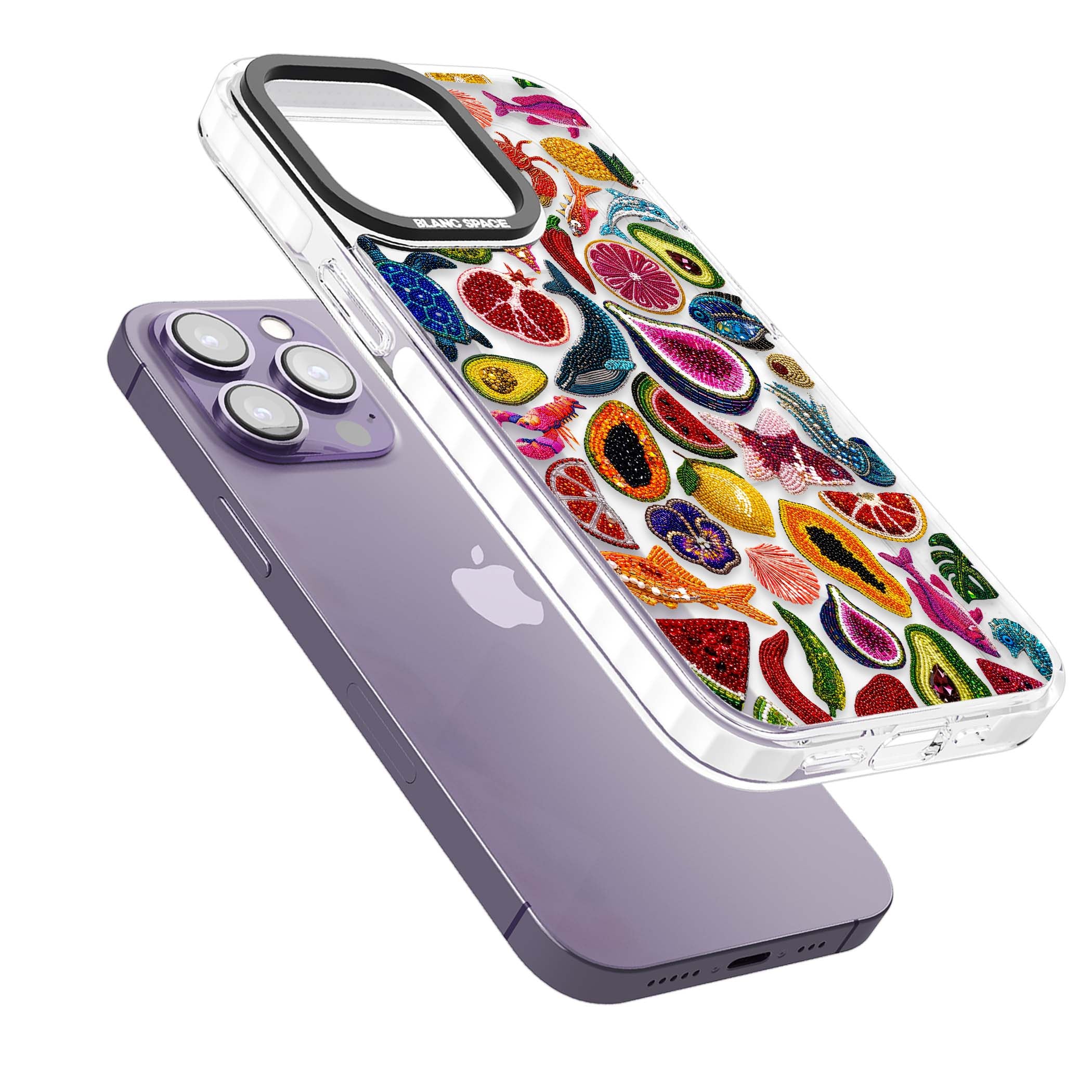 Beaded Tropic tropical iPhone case featuring beaded fruit, fish, crabs and seashells in vibrant colour | Impact Magsafe case for iPhone 13 Pro, iPhone 14 Pro, iPhone 15 Pro