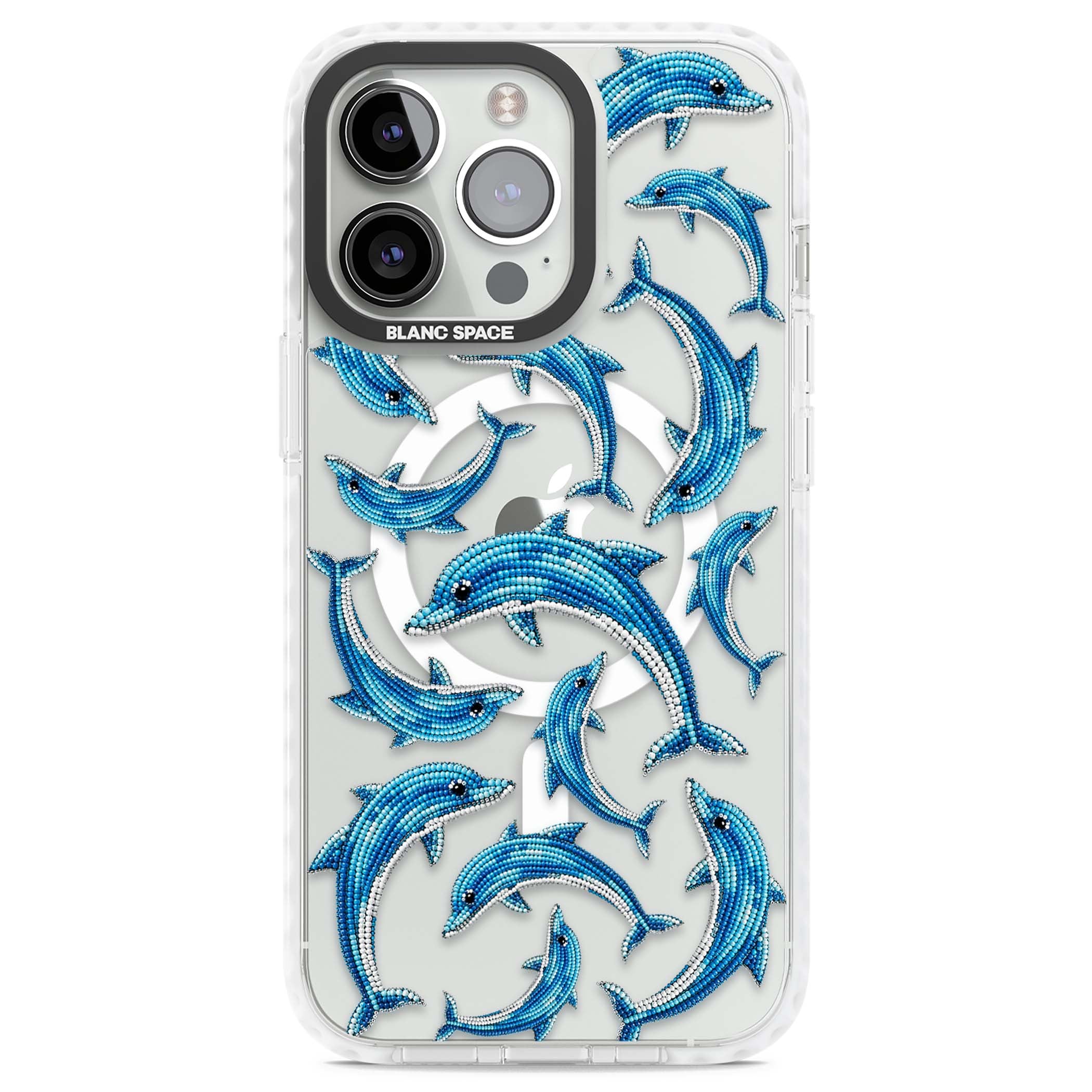 Beaded Dolphins coastal iPhone case featuring beaded dolphins in blue and white swimming across a clear background | Impact Magsafe case for iPhone 13 Pro, iPhone 14 Pro, iPhone 15 Pro