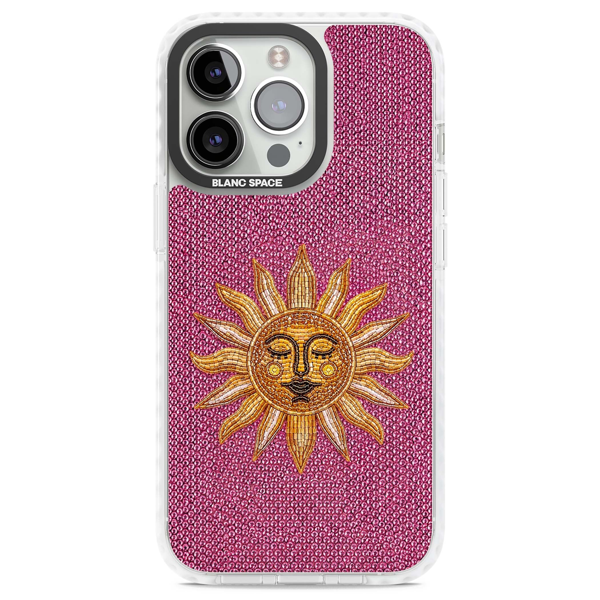 Beaded Sun celestial iPhone case featuring a golden beaded sun face with radiant rays on hot pink beaded background | Impact Magsafe case for iPhone 13 Pro, iPhone 14 Pro, iPhone 15 Pro