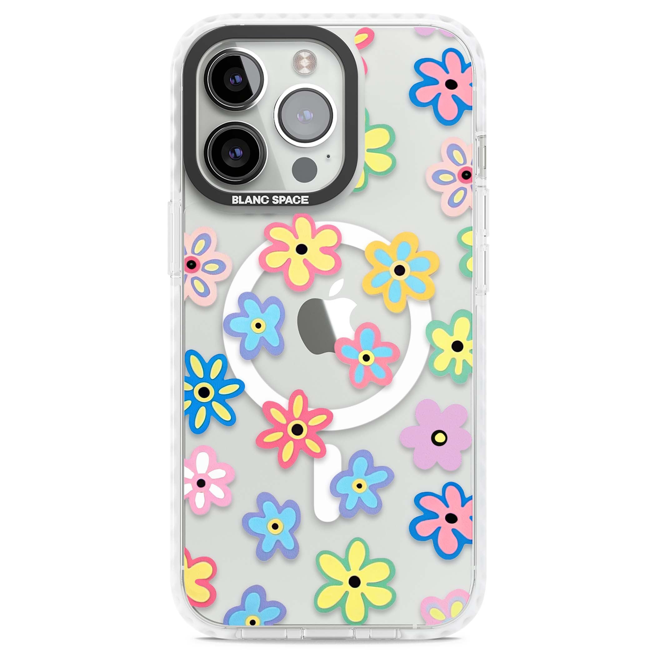 Bloom Pop cottagecore iPhone case featuring multicolor pastel flowers with black centers on clear background | Impact Magsafe case for iPhone 13 Pro, iPhone 14 Pro, iPhone 15 Pro