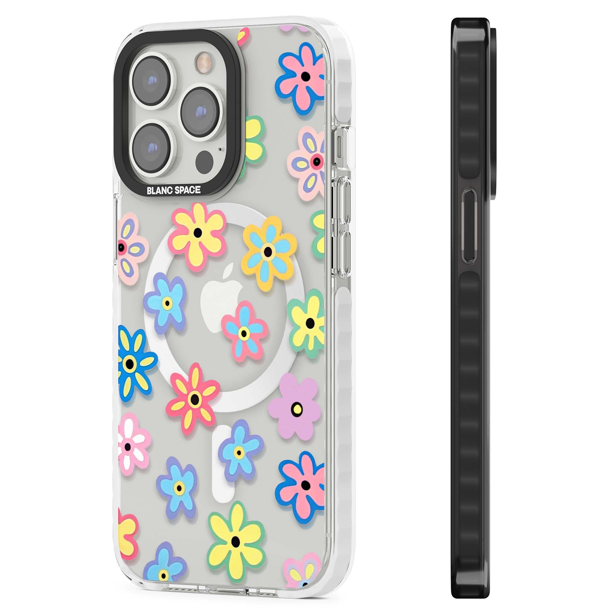 Bloom Pop cottagecore iPhone case featuring multicolor pastel flowers with black centers on clear background | Impact Magsafe case for iPhone 13 Pro, iPhone 14 Pro, iPhone 15 Pro