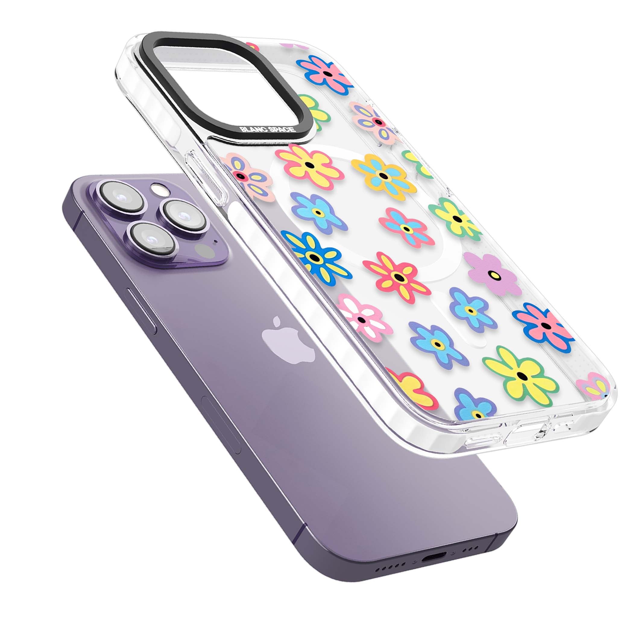 Bloom Pop cottagecore iPhone case featuring multicolor pastel flowers with black centers on clear background | Impact Magsafe case for iPhone 13 Pro, iPhone 14 Pro, iPhone 15 Pro