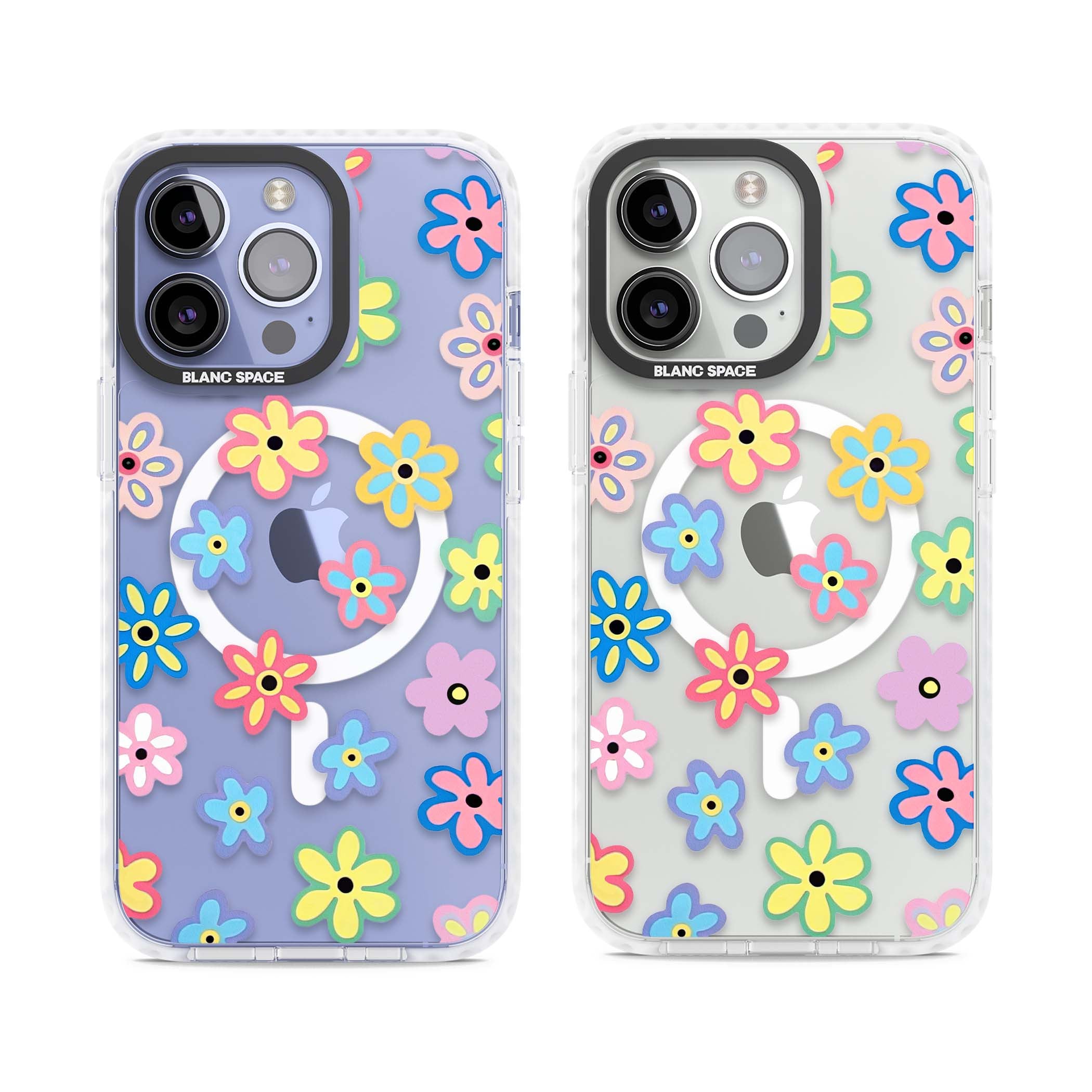Bloom Pop cottagecore iPhone case featuring multicolor pastel flowers with black centers on clear background | Impact Magsafe case for iPhone 13 Pro, iPhone 14 Pro, iPhone 15 Pro