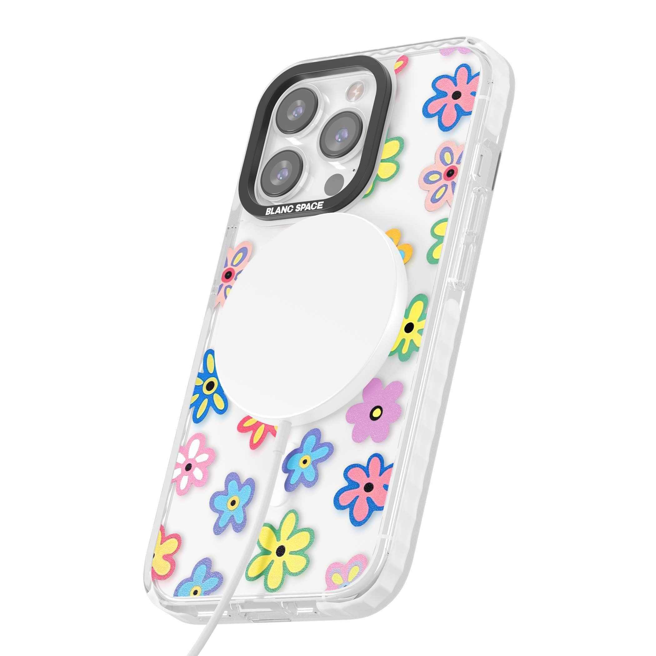 Bloom Pop cottagecore iPhone case featuring multicolor pastel flowers with black centers on clear background | Impact Magsafe case for iPhone 13 Pro, iPhone 14 Pro, iPhone 15 Pro