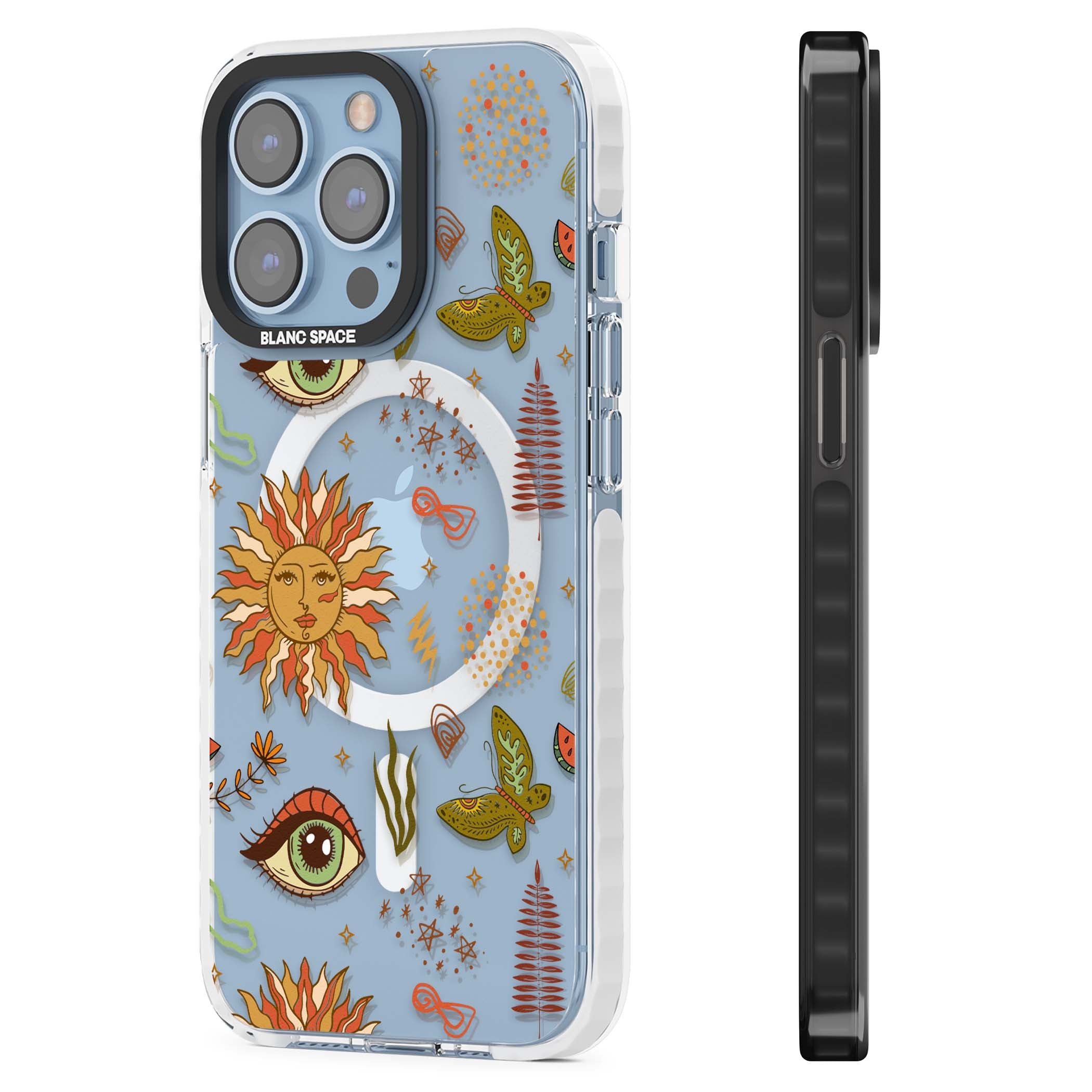Elevate Your Phone'S Style With This Boho Celestial Sun & Eye Phone Case, Featuring A Mystical Blend Of Suns, All-Seeing Eyes, Butterflies, Stars, And