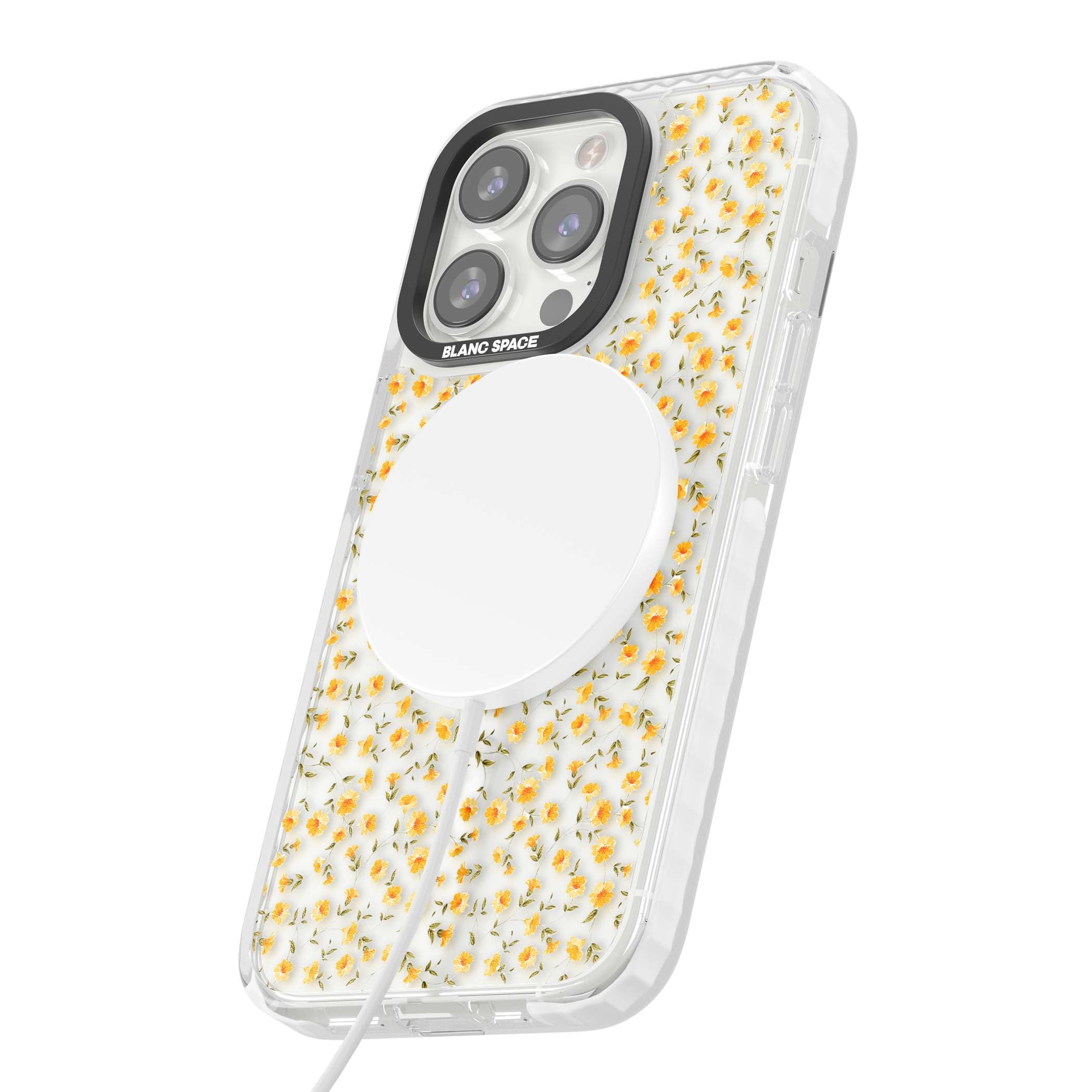 Buttercup wildflower iPhone case featuring tiny yellow flowers and trailing green vines on clear | Impact Magsafe case for iPhone 13 Pro, iPhone 14 Pro, iPhone 15 Pro