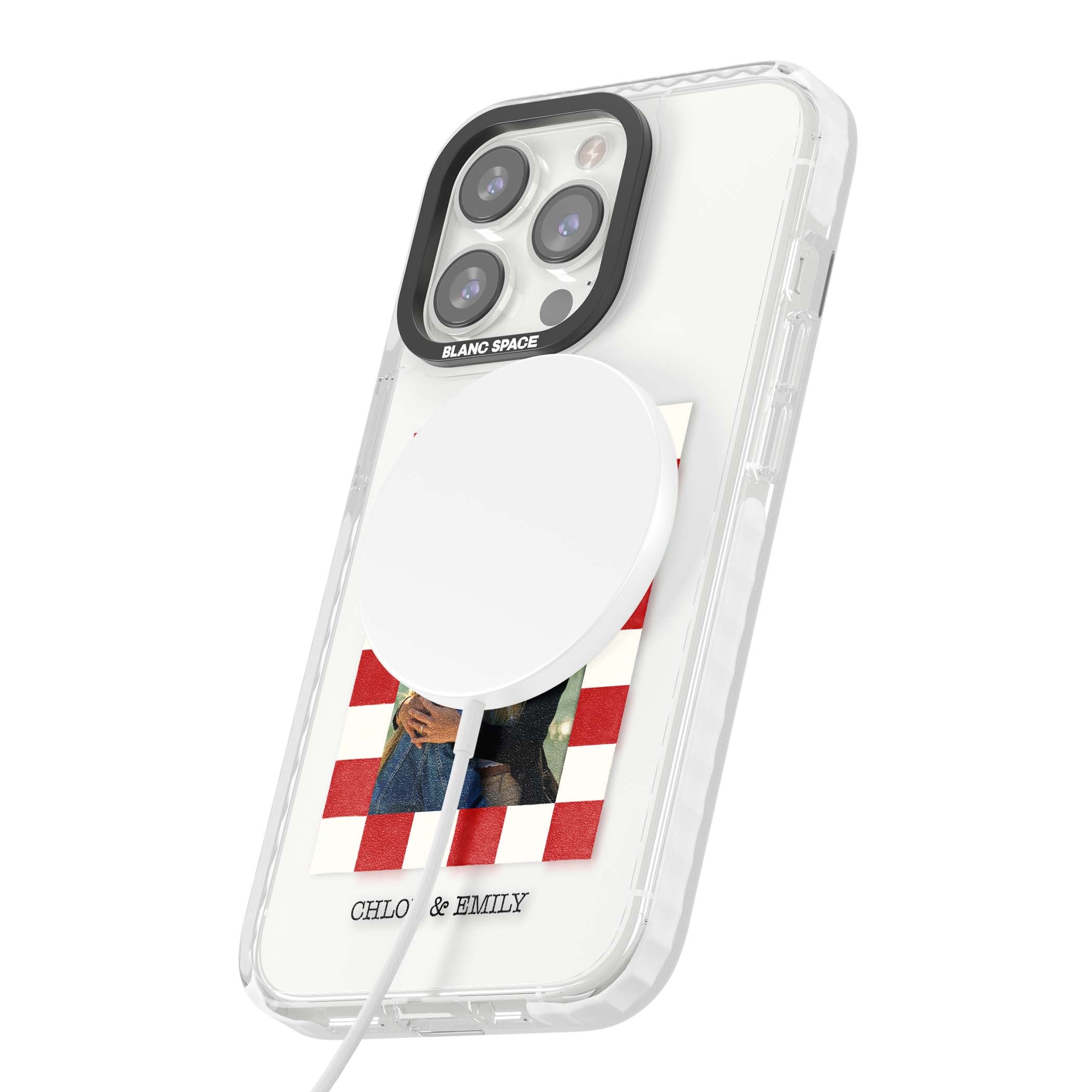 Red Check Photo personalised photo iPhone case with red and white checkered polaroid frame and custom couple name | Impact Magsafe case for iPhone 13 Pro, iPhone 14 Pro, iPhone 15 Pro