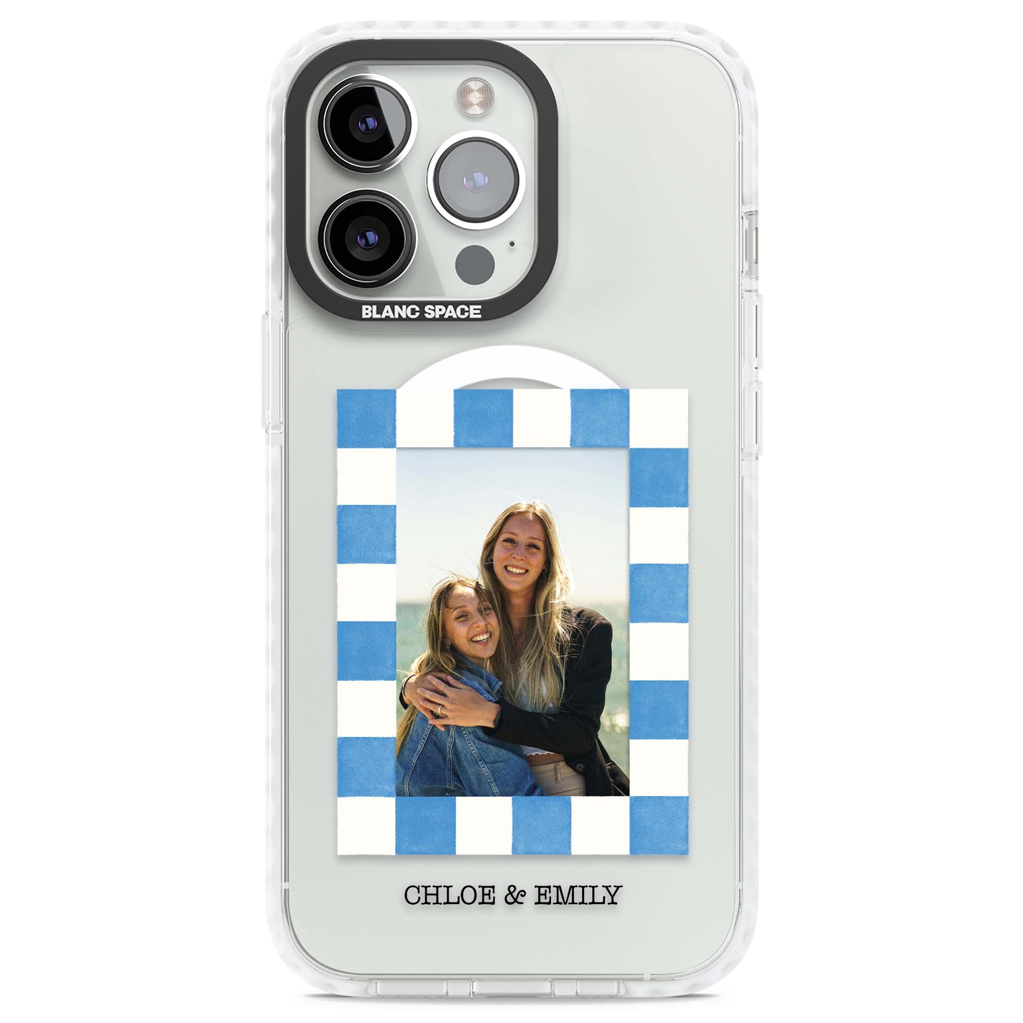 Blue Check Photo personalised photo iPhone case with blue checkered frame and custom couple names | Impact Magsafe case for iPhone 13 Pro, iPhone 14 Pro, iPhone 15 Pro