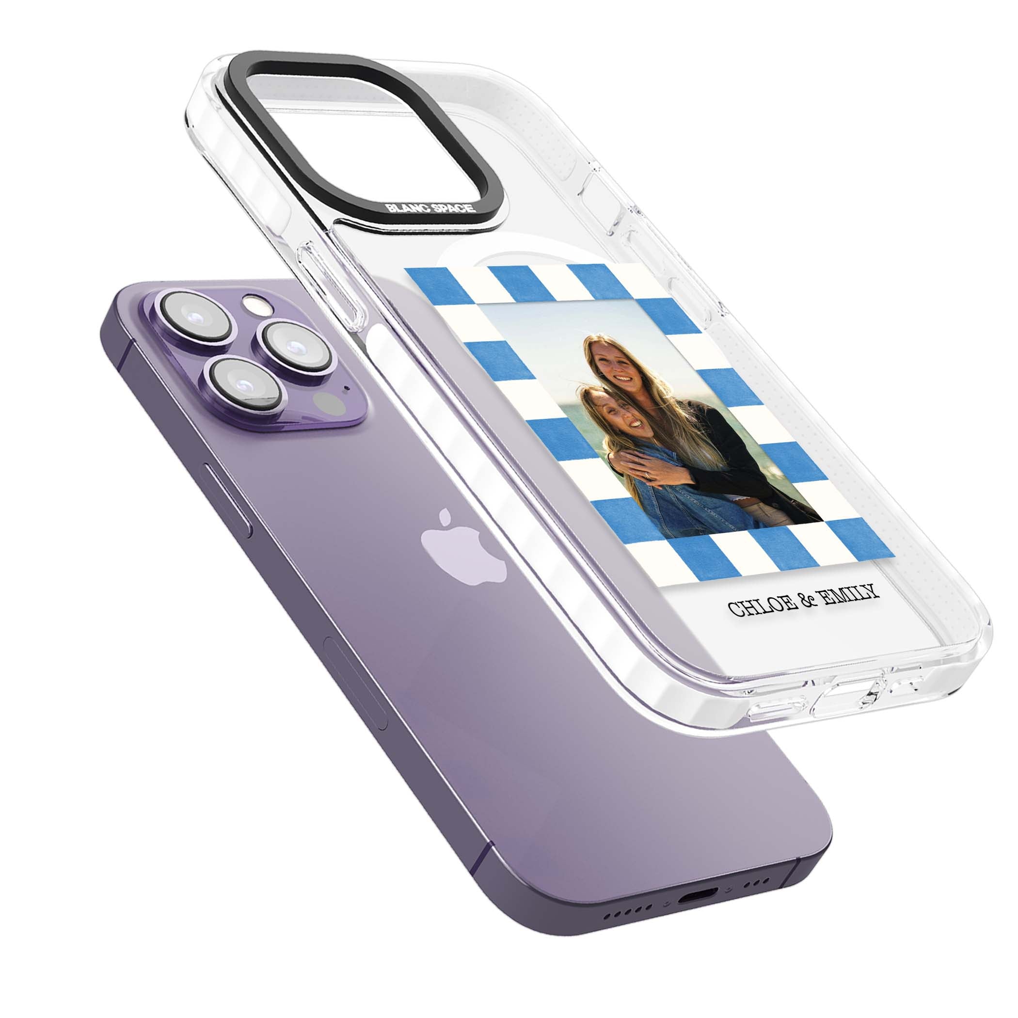 Blue Check Photo personalised photo iPhone case with blue checkered frame and custom couple names | Impact Magsafe case for iPhone 13 Pro, iPhone 14 Pro, iPhone 15 Pro