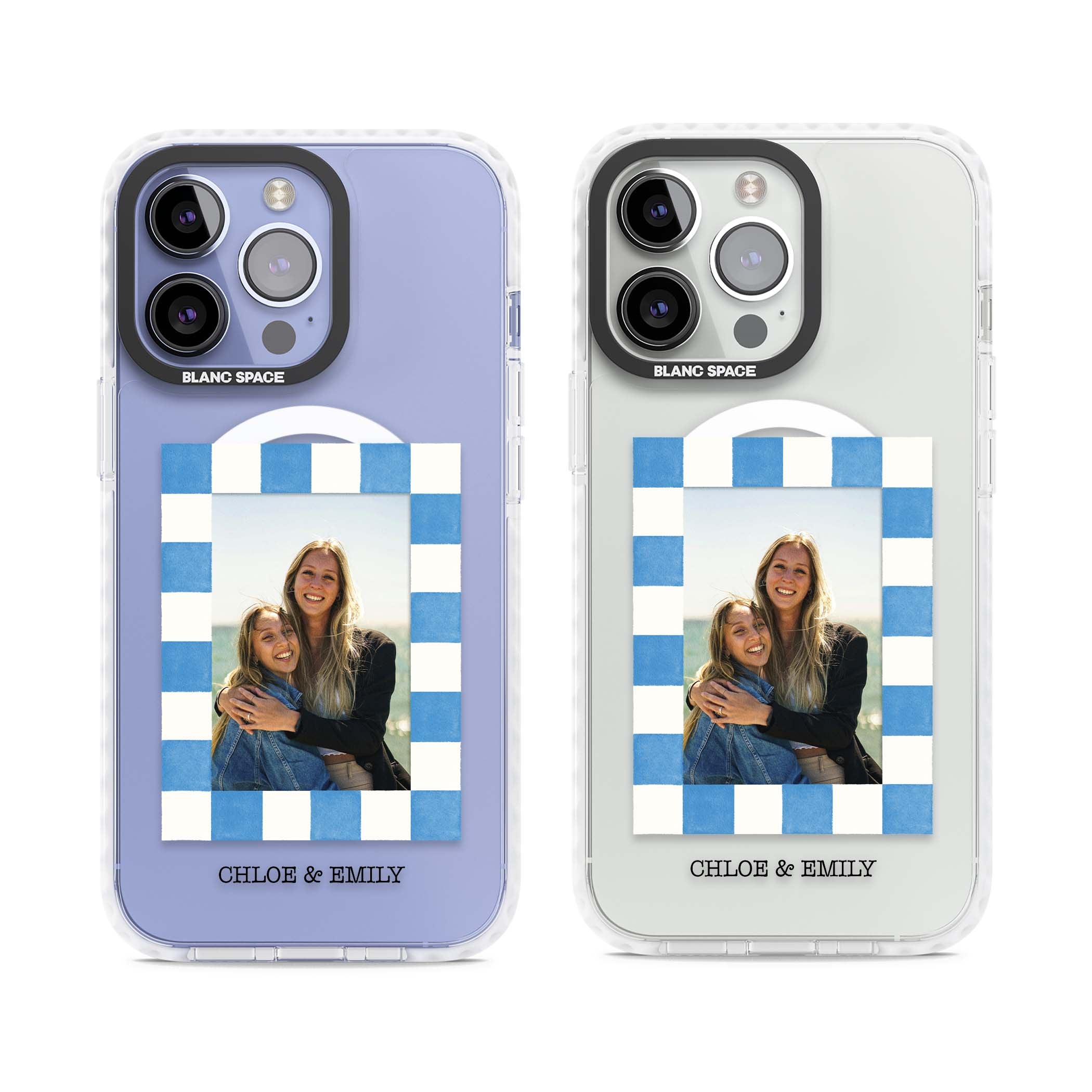 Blue Check Photo personalised photo iPhone case with blue checkered frame and custom couple names | Impact Magsafe case for iPhone 13 Pro, iPhone 14 Pro, iPhone 15 Pro