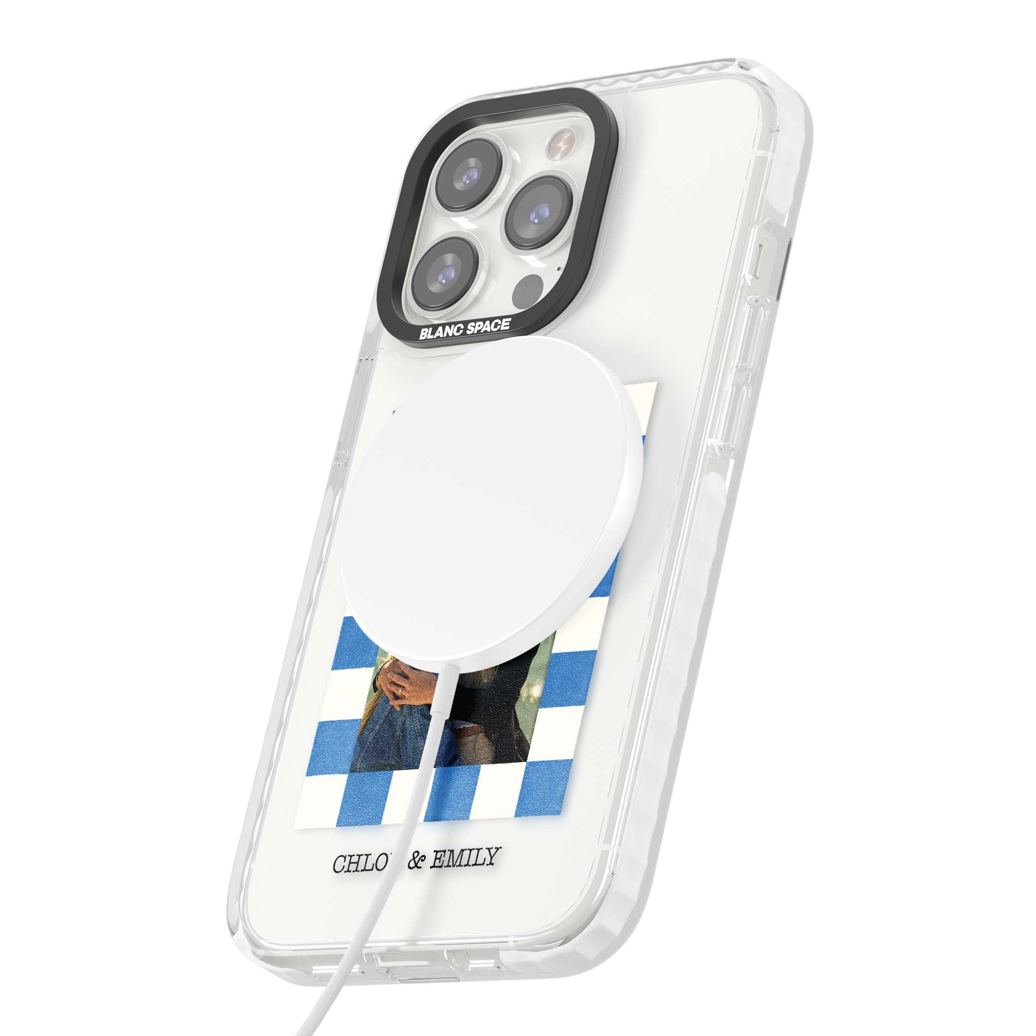 Blue Check Photo personalised photo iPhone case with blue checkered frame and custom couple names | Impact Magsafe case for iPhone 13 Pro, iPhone 14 Pro, iPhone 15 Pro