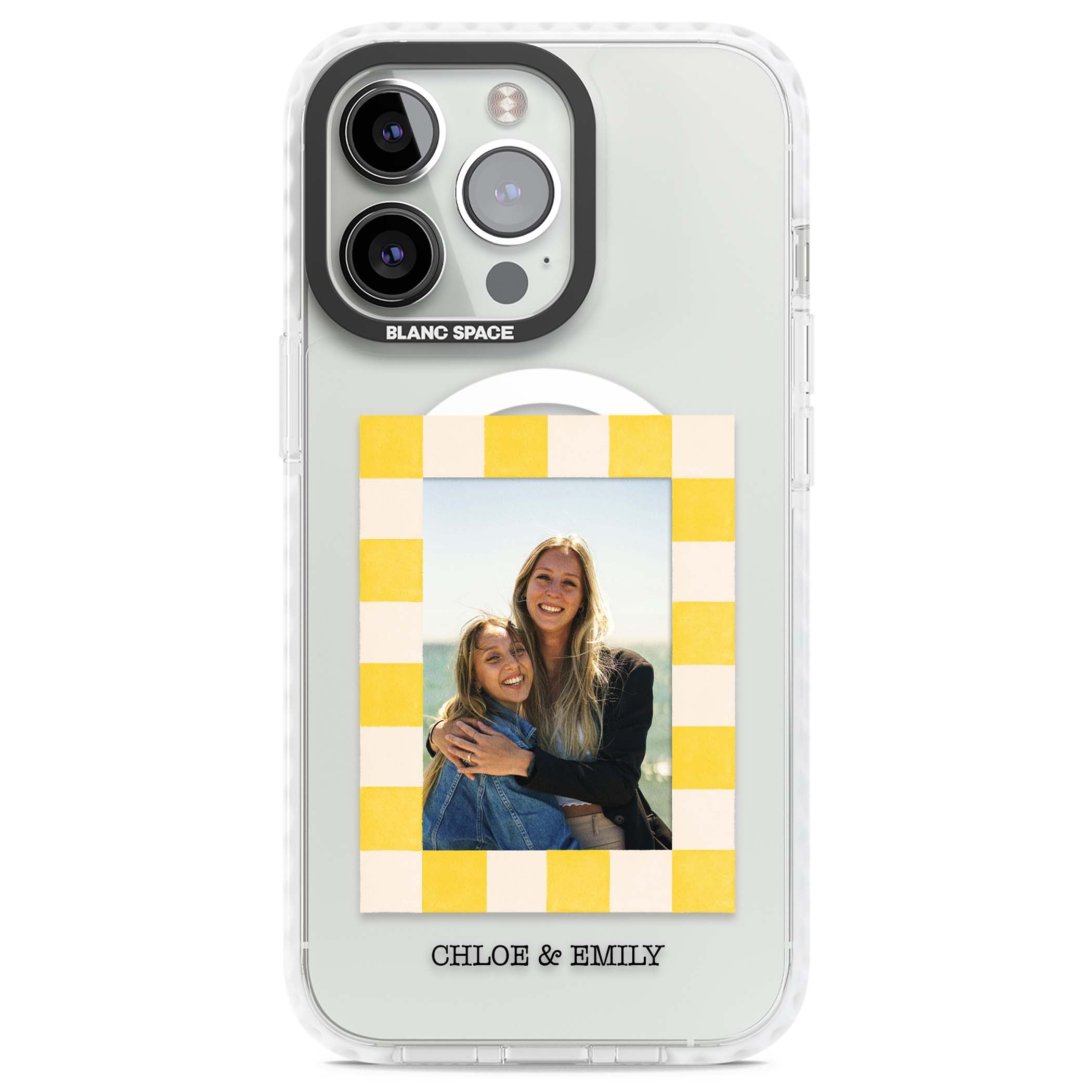 Yellow Check Photo personalised iPhone case with yellow checkered Polaroid frame and custom names beneath | Impact Magsafe case for iPhone 13 Pro, iPhone 14 Pro, iPhone 15 Pro