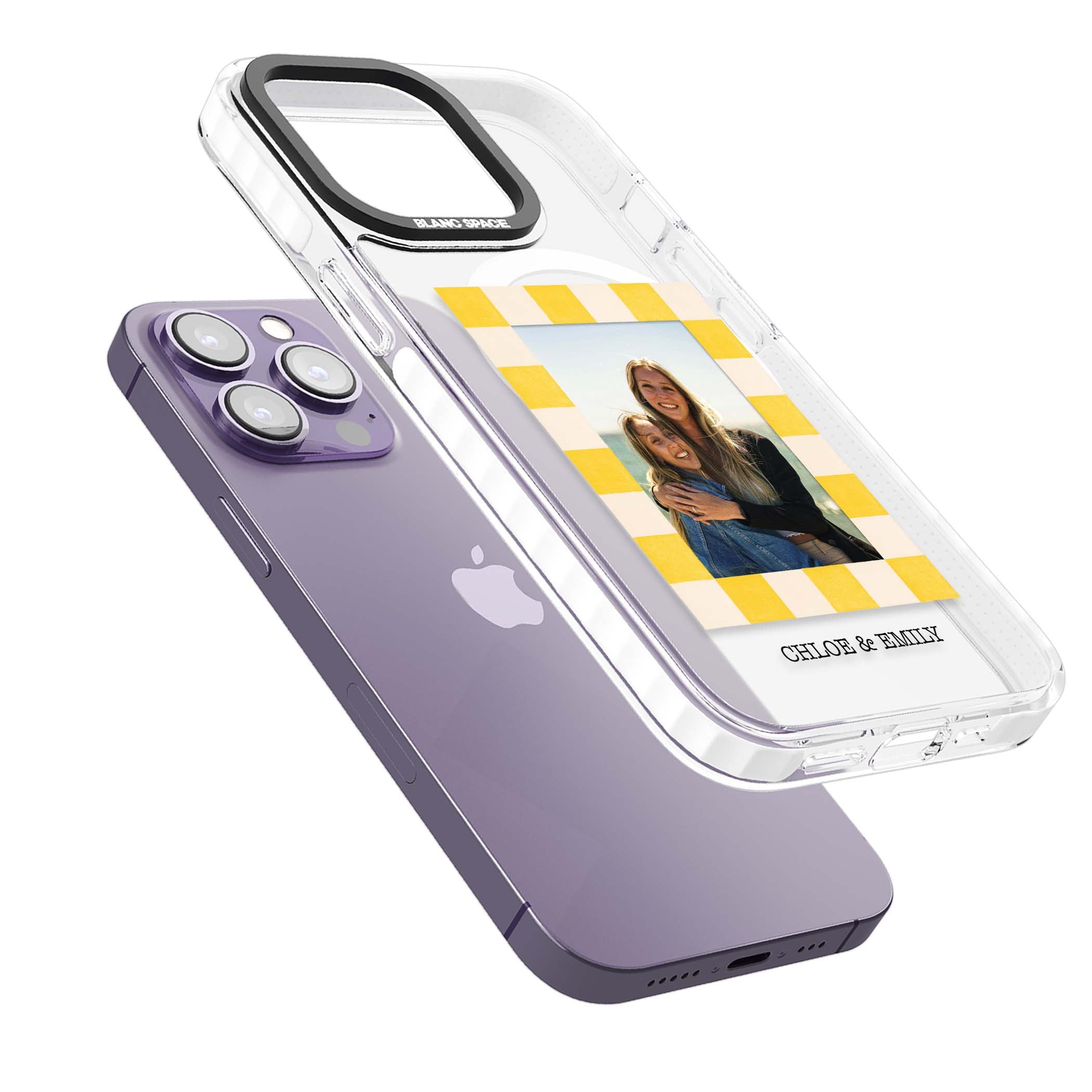 Yellow Check Photo personalised iPhone case with yellow checkered Polaroid frame and custom names beneath | Impact Magsafe case for iPhone 13 Pro, iPhone 14 Pro, iPhone 15 Pro