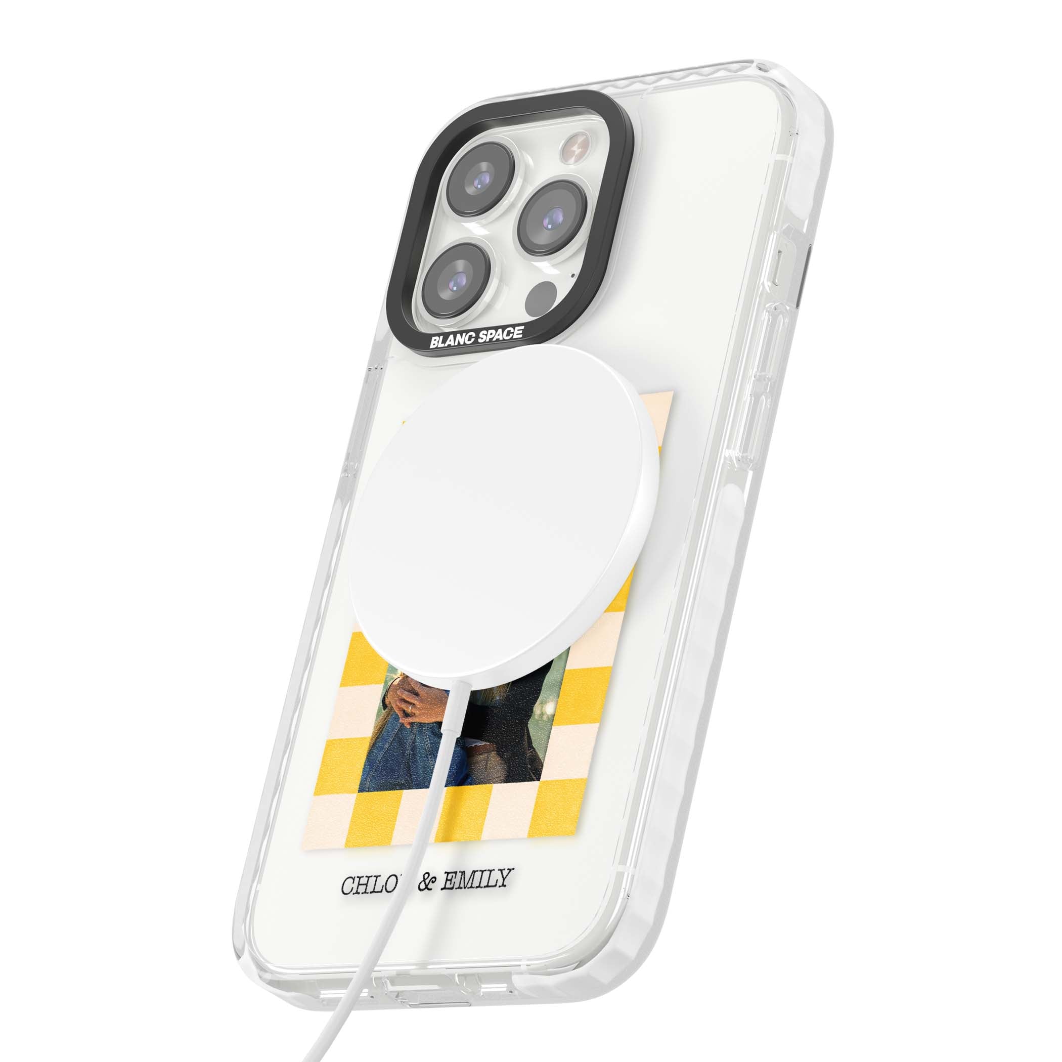 Yellow Check Photo personalised iPhone case with yellow checkered Polaroid frame and custom names beneath | Impact Magsafe case for iPhone 13 Pro, iPhone 14 Pro, iPhone 15 Pro