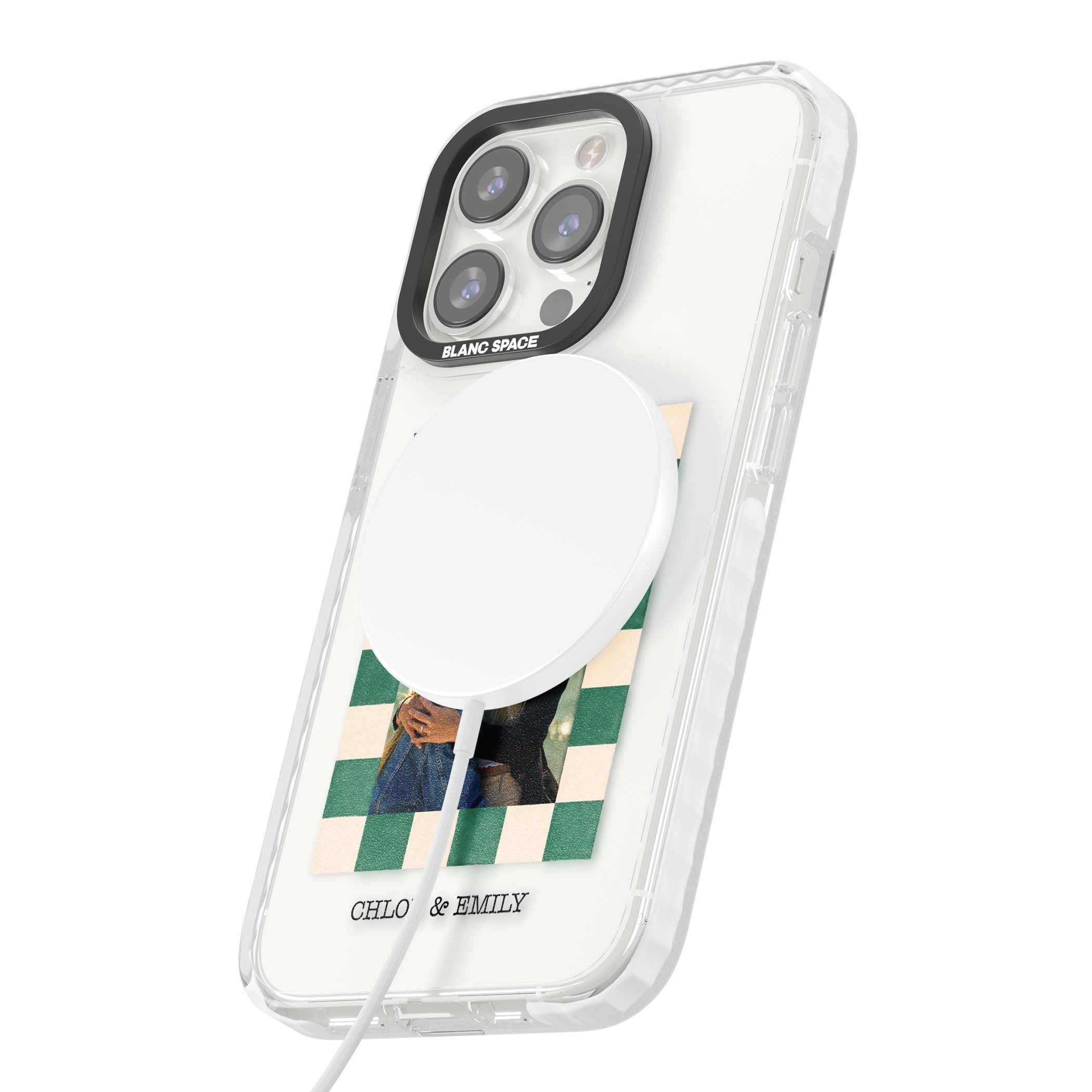 Seafoam Check Photo personalised iPhone case featuring a custom polaroid photo, green and cream checkered frame, and custom n | Impact Magsafe case for iPhone 13 Pro, iPhone 14 Pro, iPhone 15 Pro