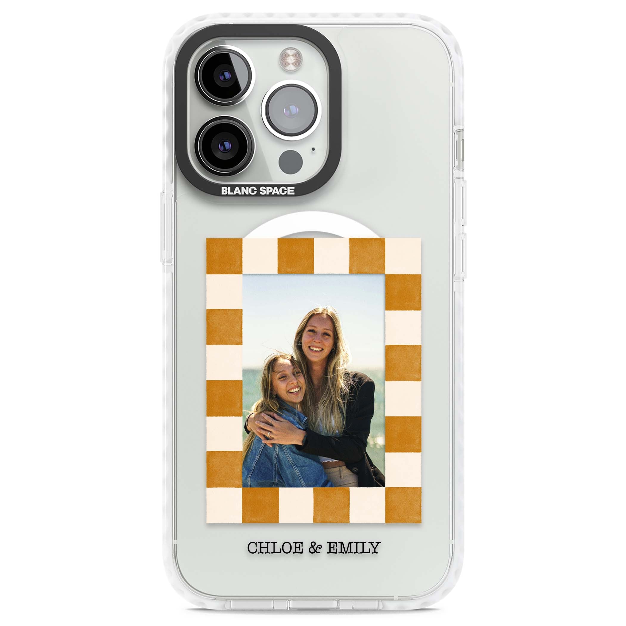 Citrus Check Photo personalised iPhone case with custom photo, orange checkered frame and names underneath | Impact Magsafe case for iPhone 13 Pro, iPhone 14 Pro, iPhone 15 Pro