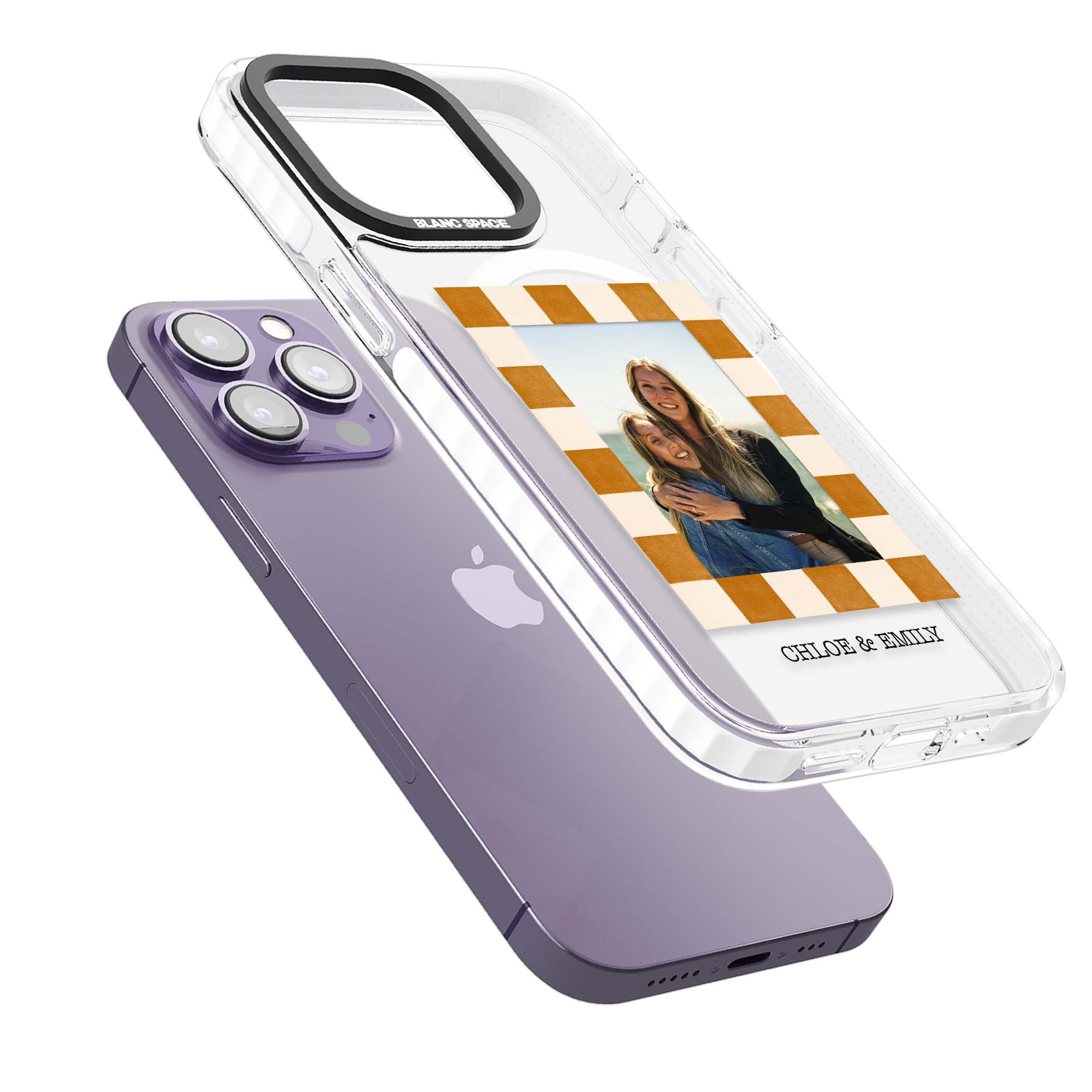 Citrus Check Photo personalised iPhone case with custom photo, orange checkered frame and names underneath | Impact Magsafe case for iPhone 13 Pro, iPhone 14 Pro, iPhone 15 Pro