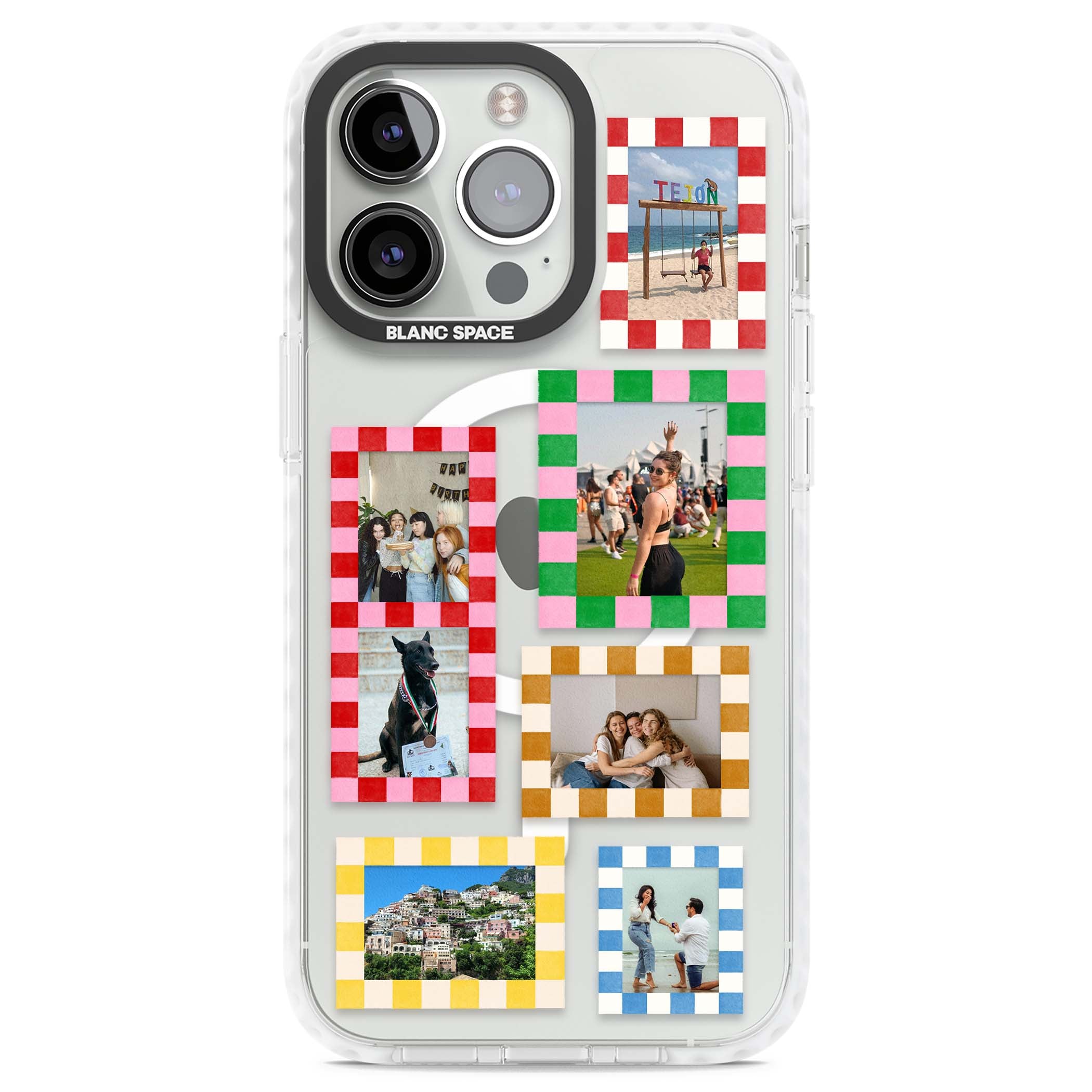 Italian Check Frames custom photo collage iPhone case featuring six checkered photo frames in red, green, pink and | Impact Magsafe case for iPhone 13 Pro, iPhone 14 Pro, iPhone 15 Pro