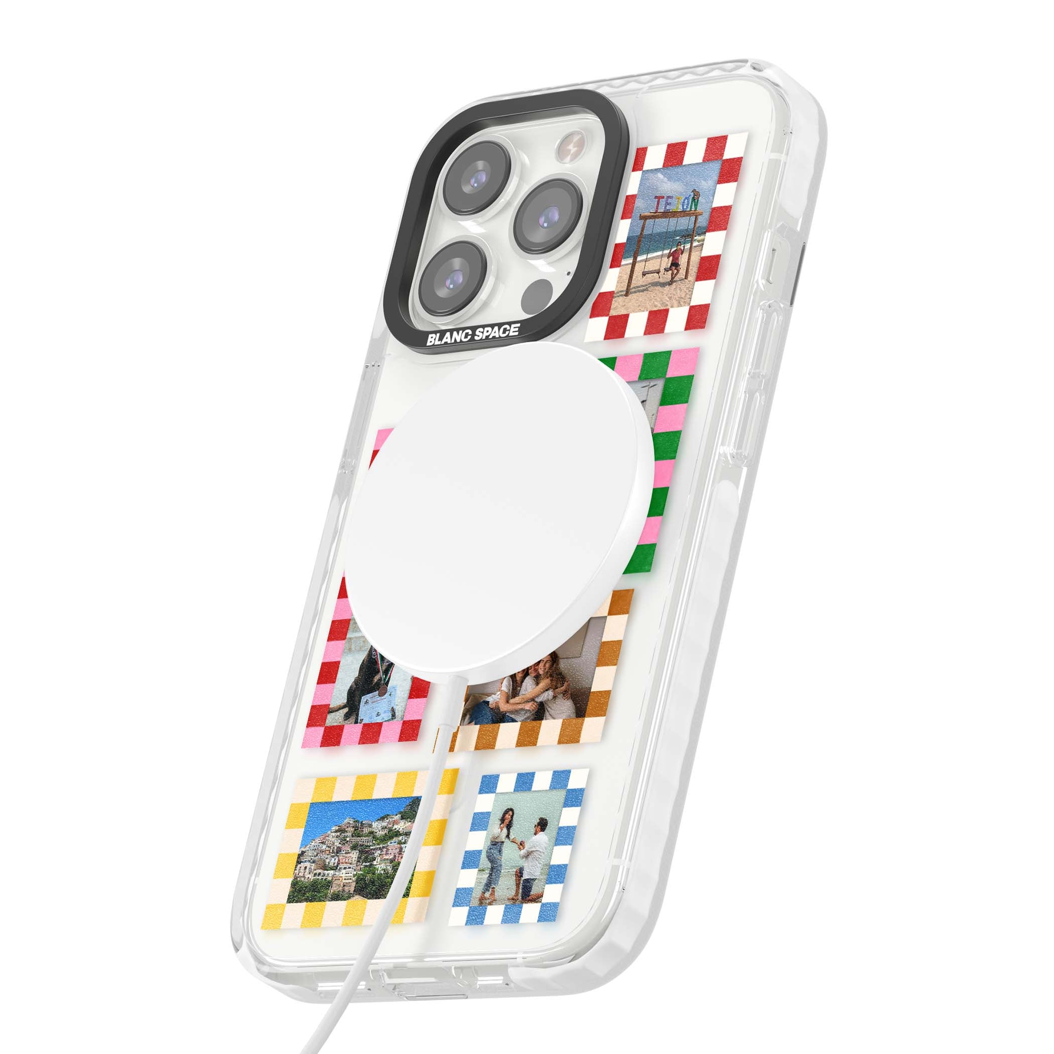 Italian Check Frames custom photo collage iPhone case featuring six checkered photo frames in red, green, pink and | Impact Magsafe case for iPhone 13 Pro, iPhone 14 Pro, iPhone 15 Pro