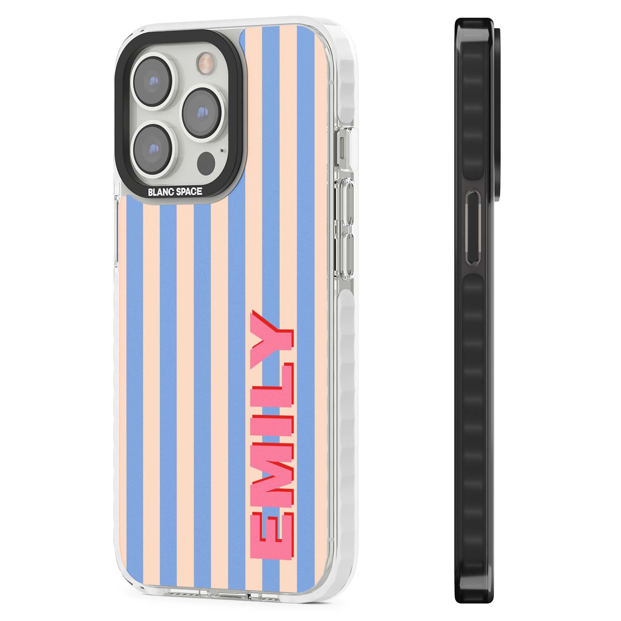 Coastal Stripe personalised coastal iPhone case with blue and peach vertical stripes and custom pink name | Impact Magsafe case for iPhone 13 Pro, iPhone 14 Pro, iPhone 15 Pro