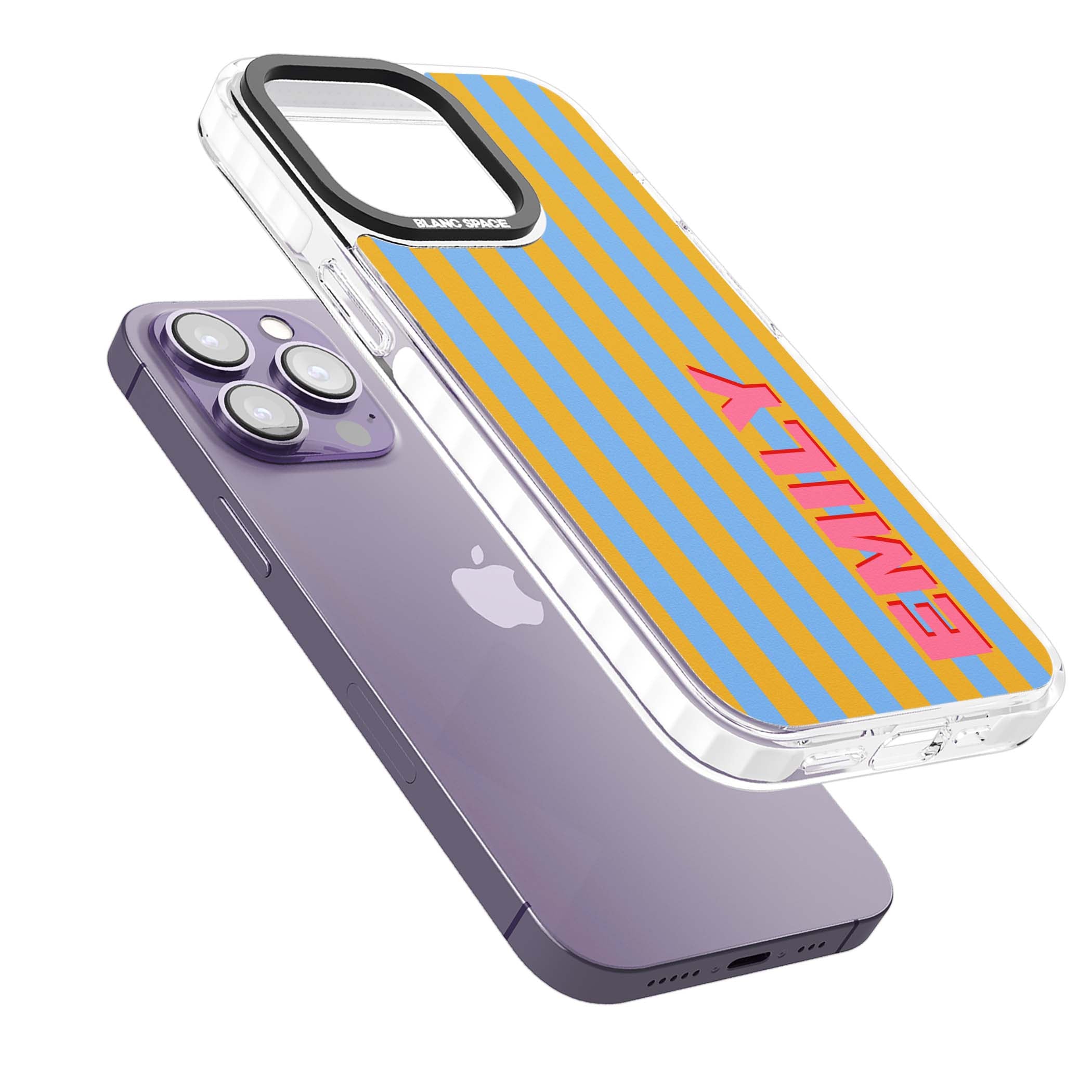 Carribean Stripe personalised coastal iPhone case with yellow and blue vertical stripes and a custom pink name | Impact Magsafe case for iPhone 13 Pro, iPhone 14 Pro, iPhone 15 Pro