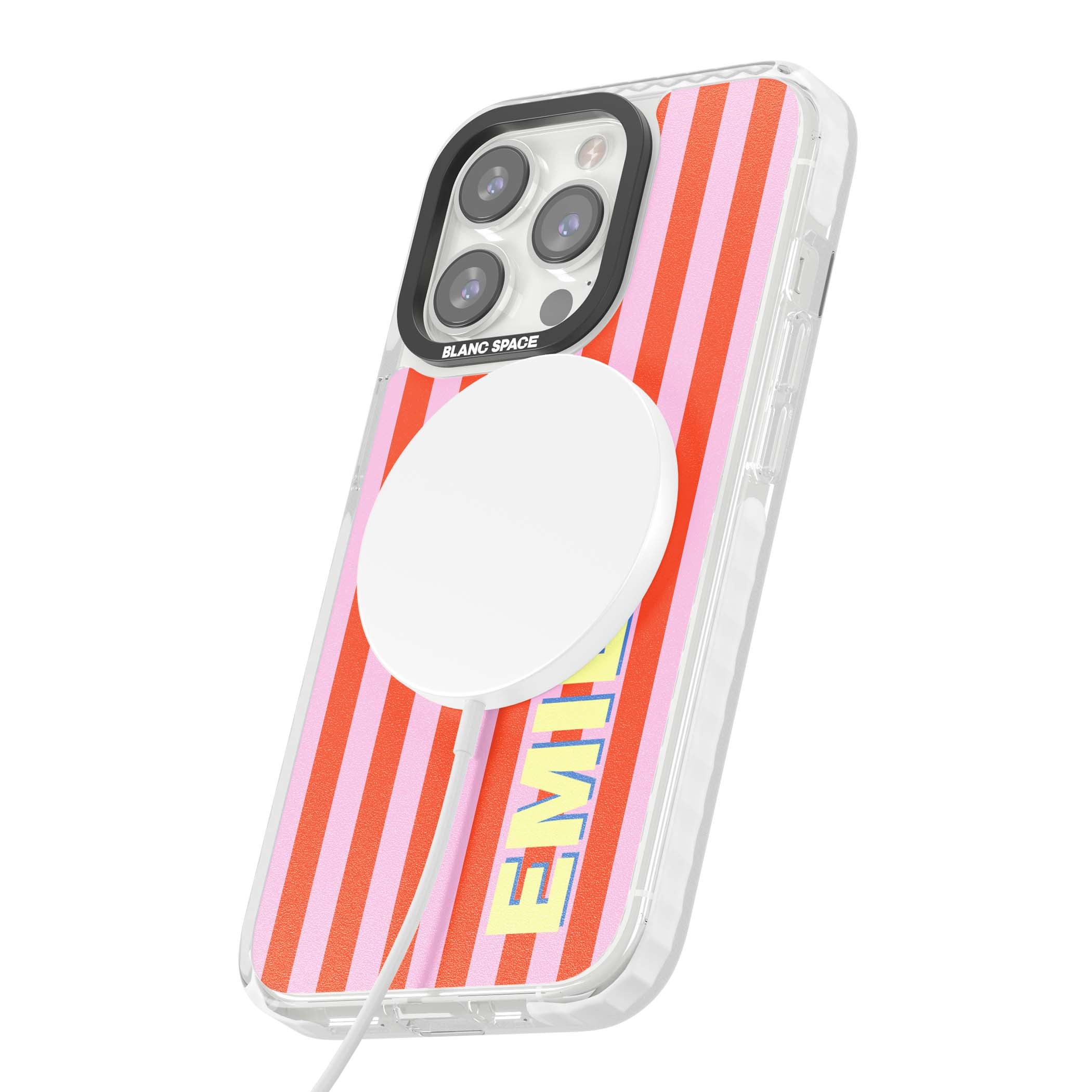 Havana Stripe personalised iPhone case featuring pink and orange vertical stripes with a custom yellow name | Impact Magsafe case for iPhone 13 Pro, iPhone 14 Pro, iPhone 15 Pro