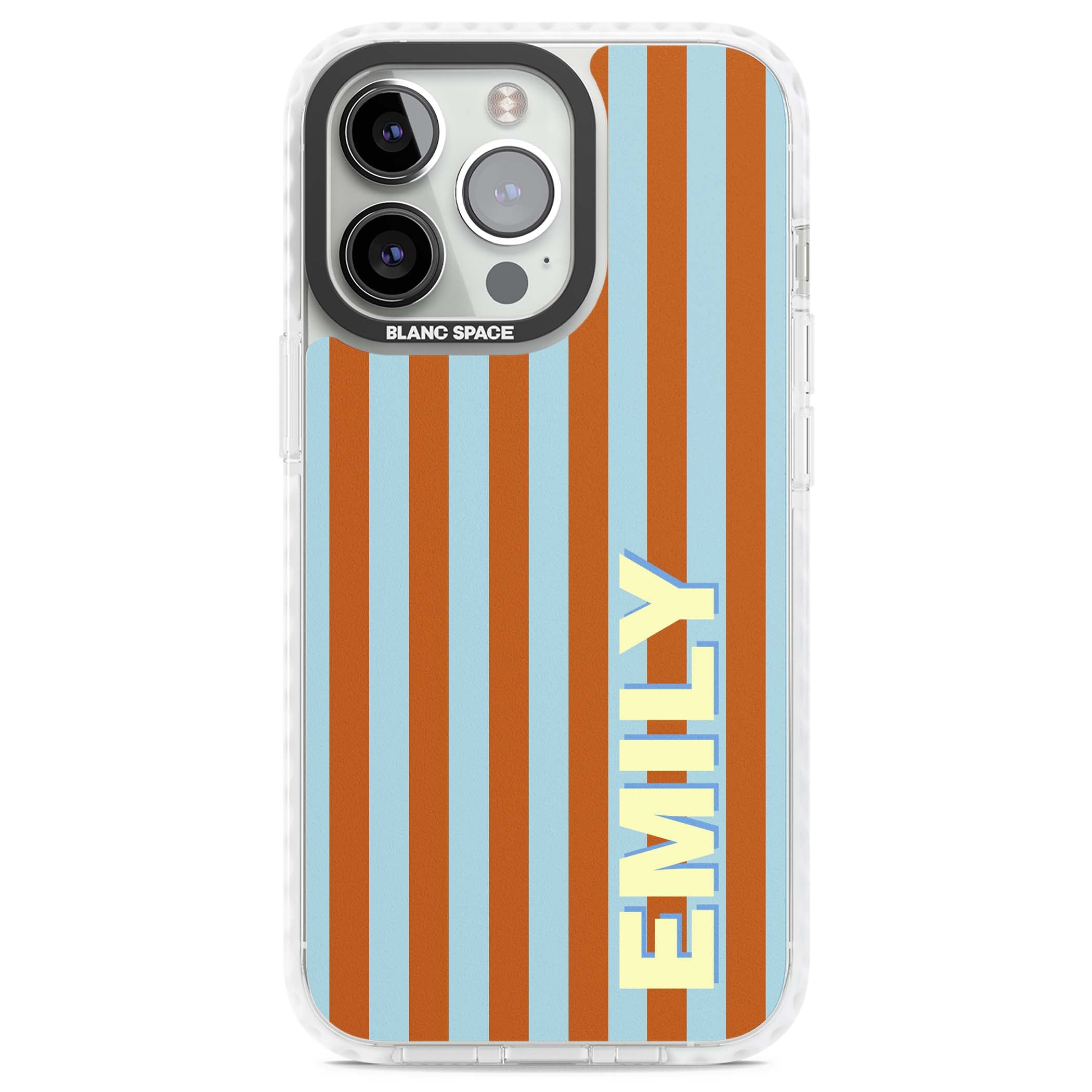 Cappadocia Stripe personalised coastal iPhone case featuring blue and orange vertical stripes with custom cream name | Impact Magsafe case for iPhone 13 Pro, iPhone 14 Pro, iPhone 15 Pro