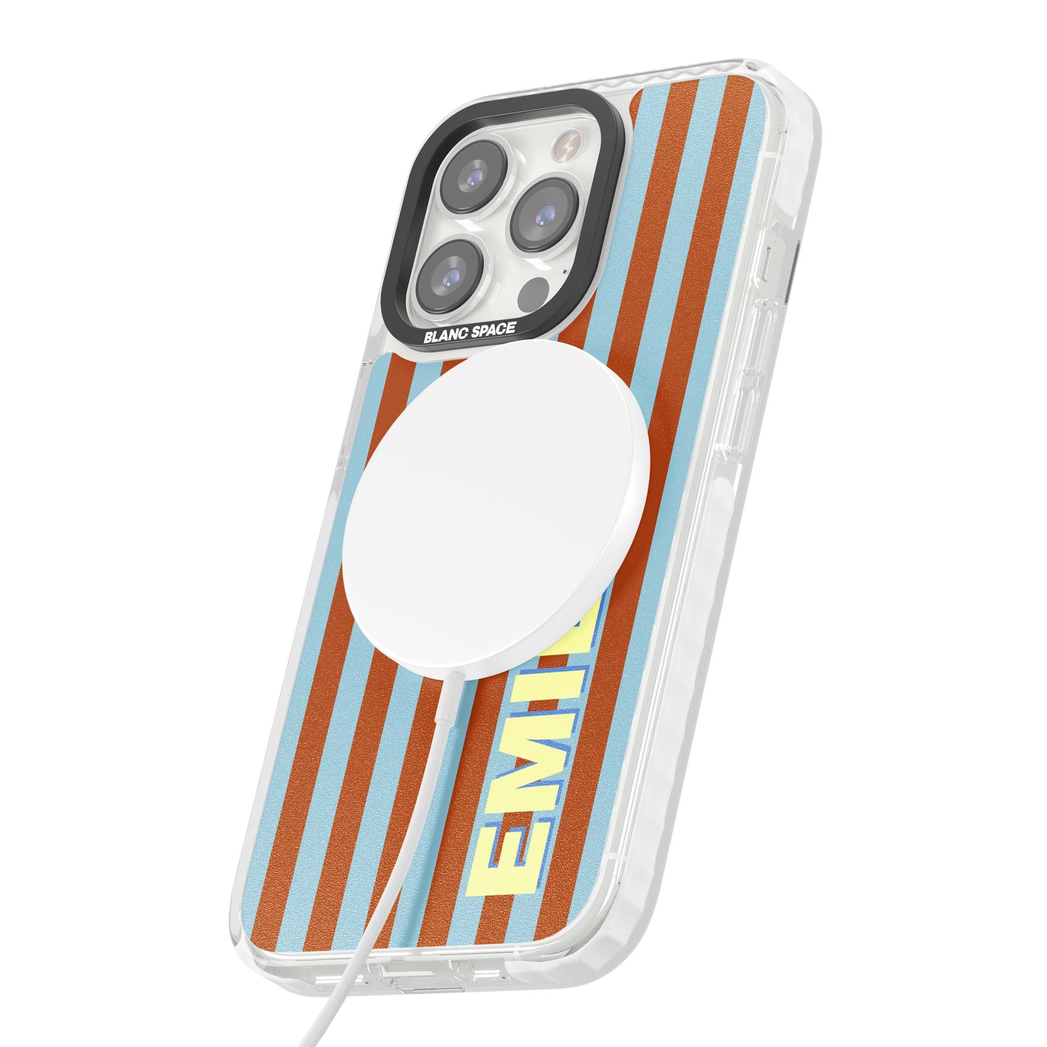 Cappadocia Stripe personalised coastal iPhone case featuring blue and orange vertical stripes with custom cream name | Impact Magsafe case for iPhone 13 Pro, iPhone 14 Pro, iPhone 15 Pro