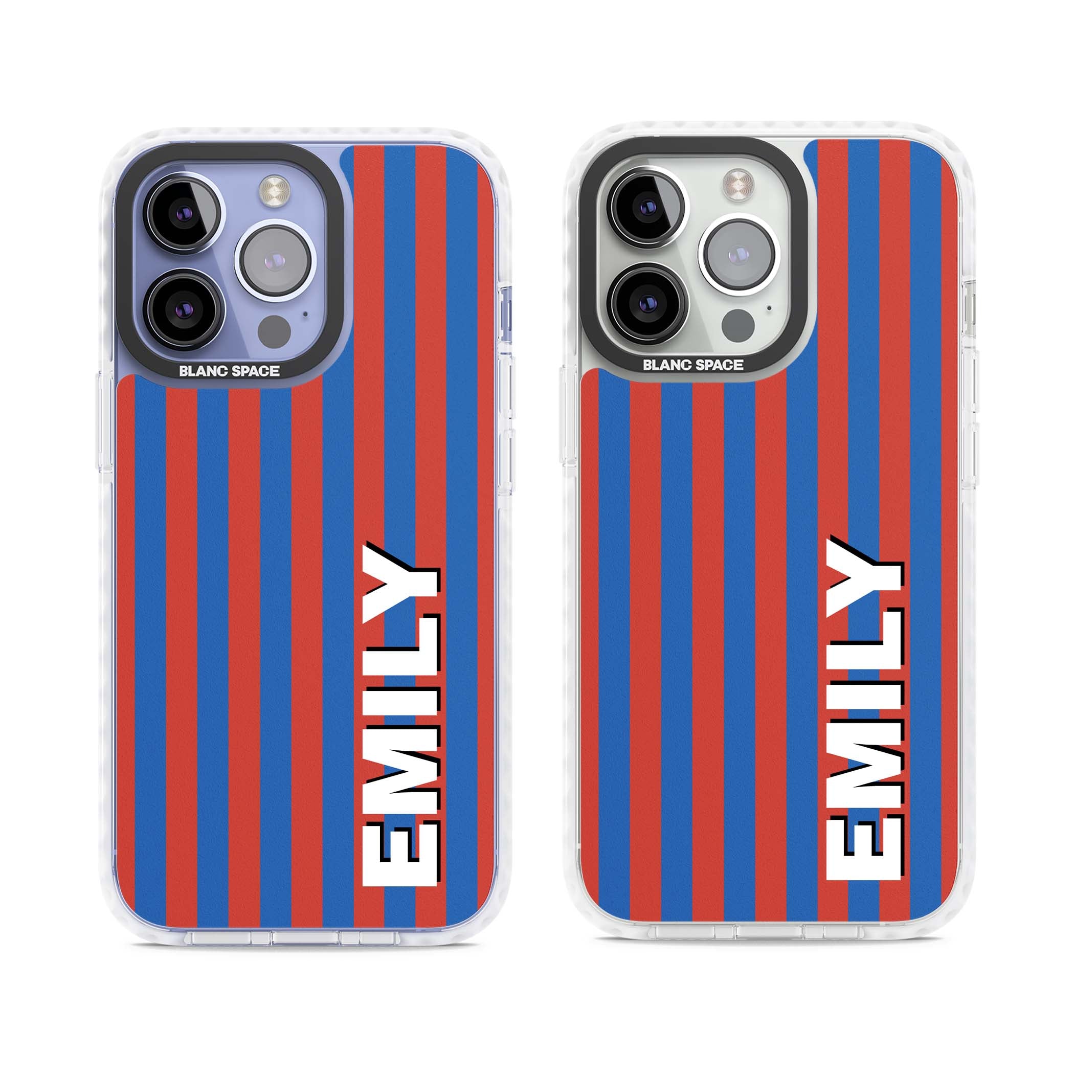 Cuban Stripe personalised iPhone case featuring red and blue vertical stripes with custom name in bold white letters | Impact Magsafe case for iPhone 13 Pro, iPhone 14 Pro, iPhone 15 Pro