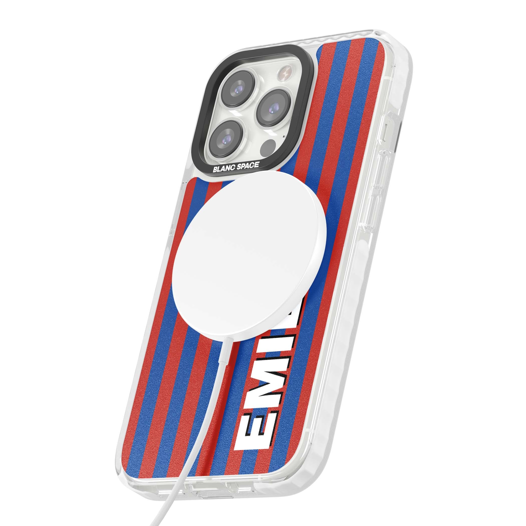 Cuban Stripe personalised iPhone case featuring red and blue vertical stripes with custom name in bold white letters | Impact Magsafe case for iPhone 13 Pro, iPhone 14 Pro, iPhone 15 Pro