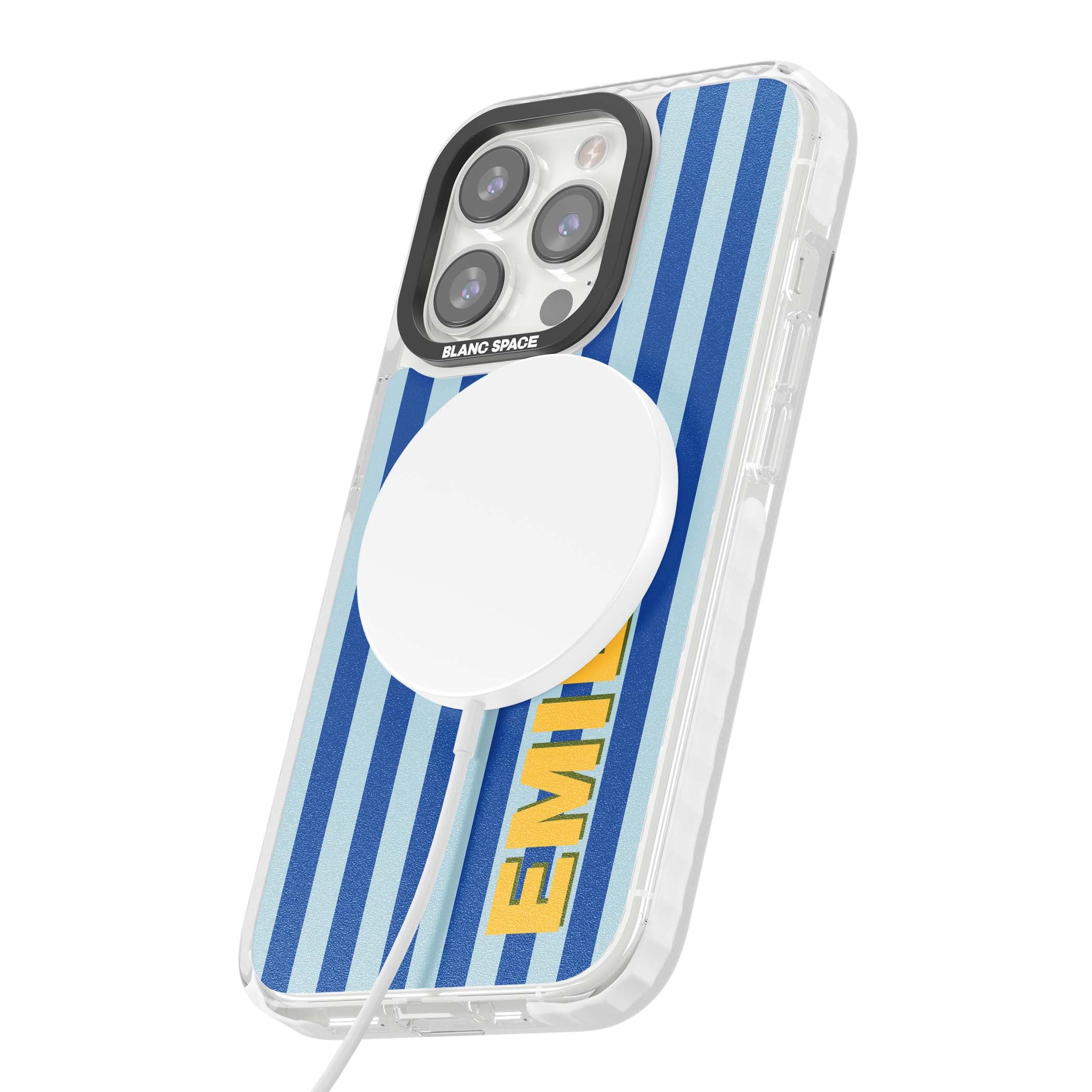 Athenian Stripe personalised preppy iPhone case featuring blue vertical stripes and a custom yellow name | Impact Magsafe case for iPhone 13 Pro, iPhone 14 Pro, iPhone 15 Pro