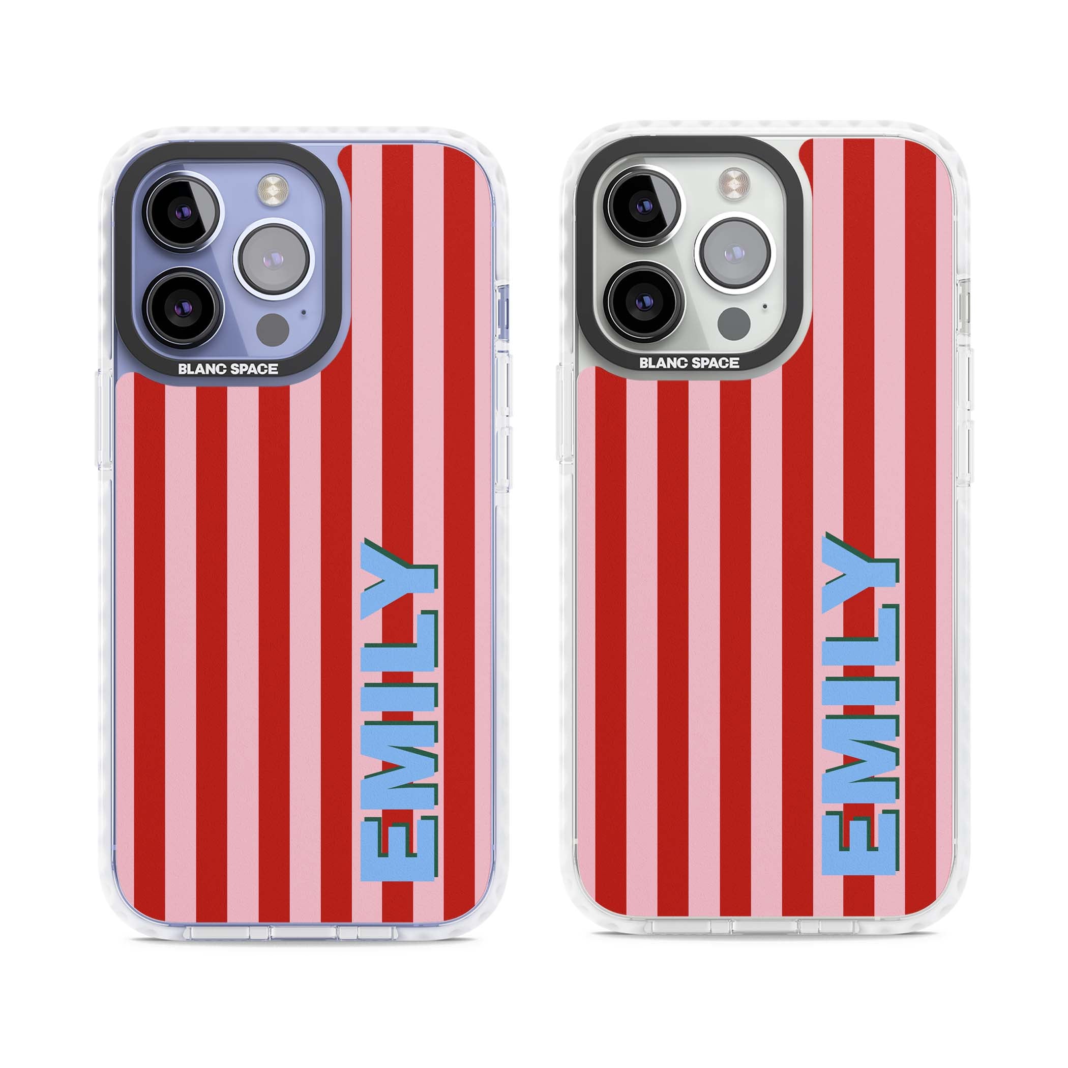 Market Stripe personalised iPhone case with red and pink vertical stripes and custom blue name | Impact Magsafe case for iPhone 13 Pro, iPhone 14 Pro, iPhone 15 Pro