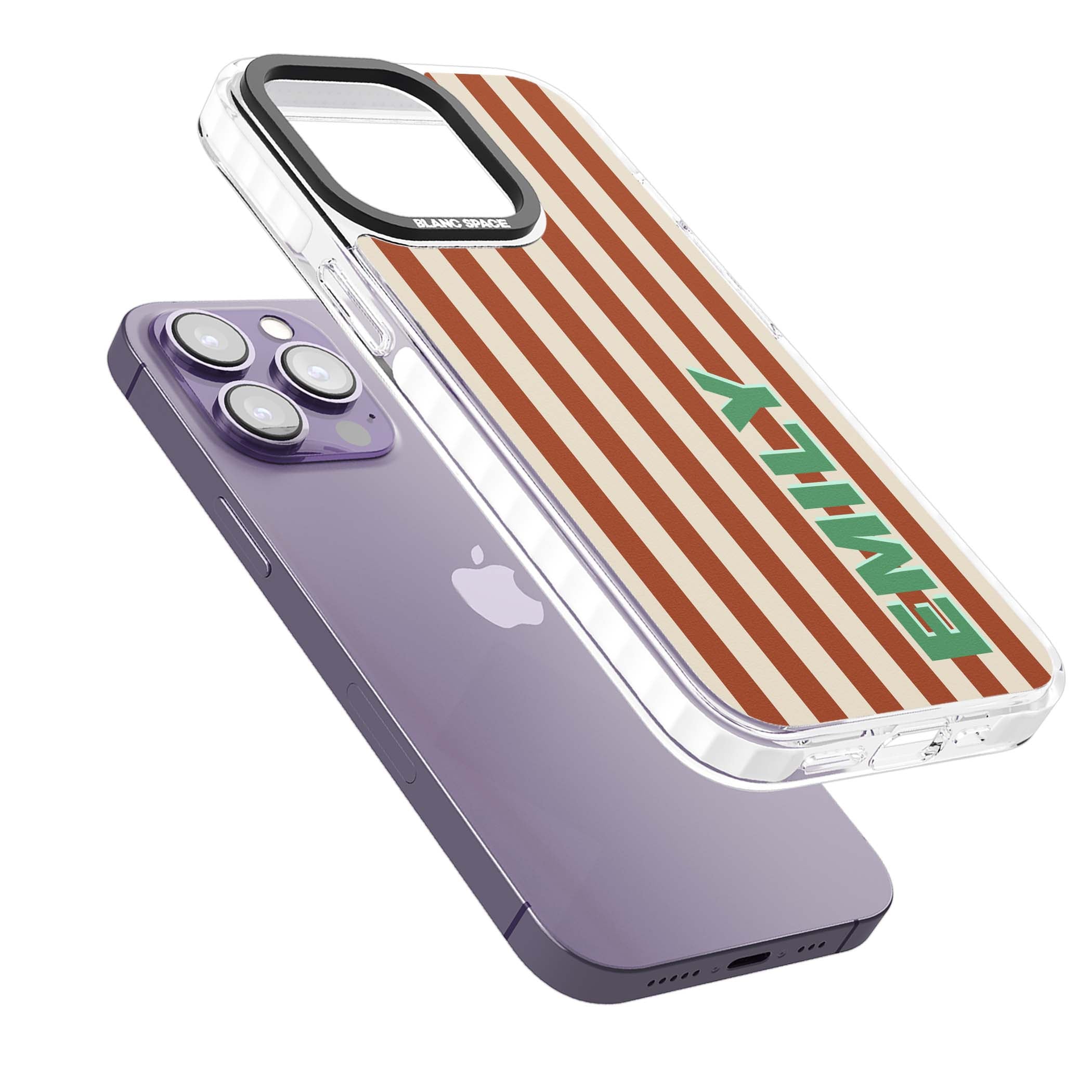 Dune Stripe personalised iPhone case with rust and cream vertical stripes and custom name in mint green | Impact Magsafe case for iPhone 13 Pro, iPhone 14 Pro, iPhone 15 Pro