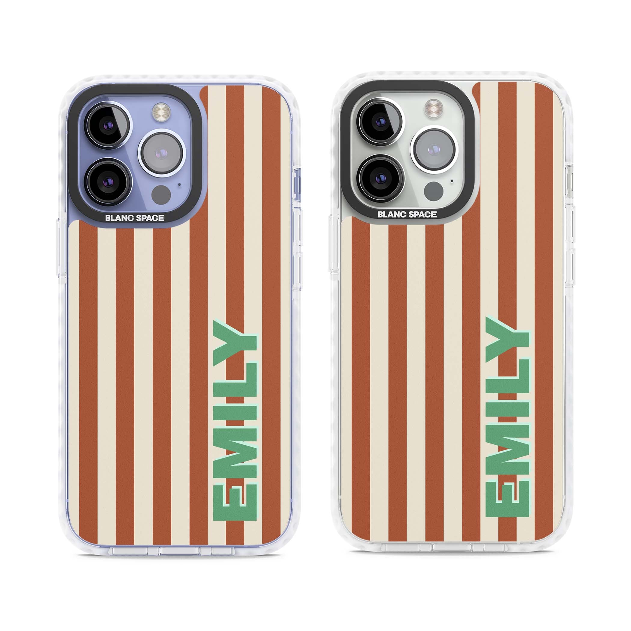 Dune Stripe personalised iPhone case with rust and cream vertical stripes and custom name in mint green | Impact Magsafe case for iPhone 13 Pro, iPhone 14 Pro, iPhone 15 Pro