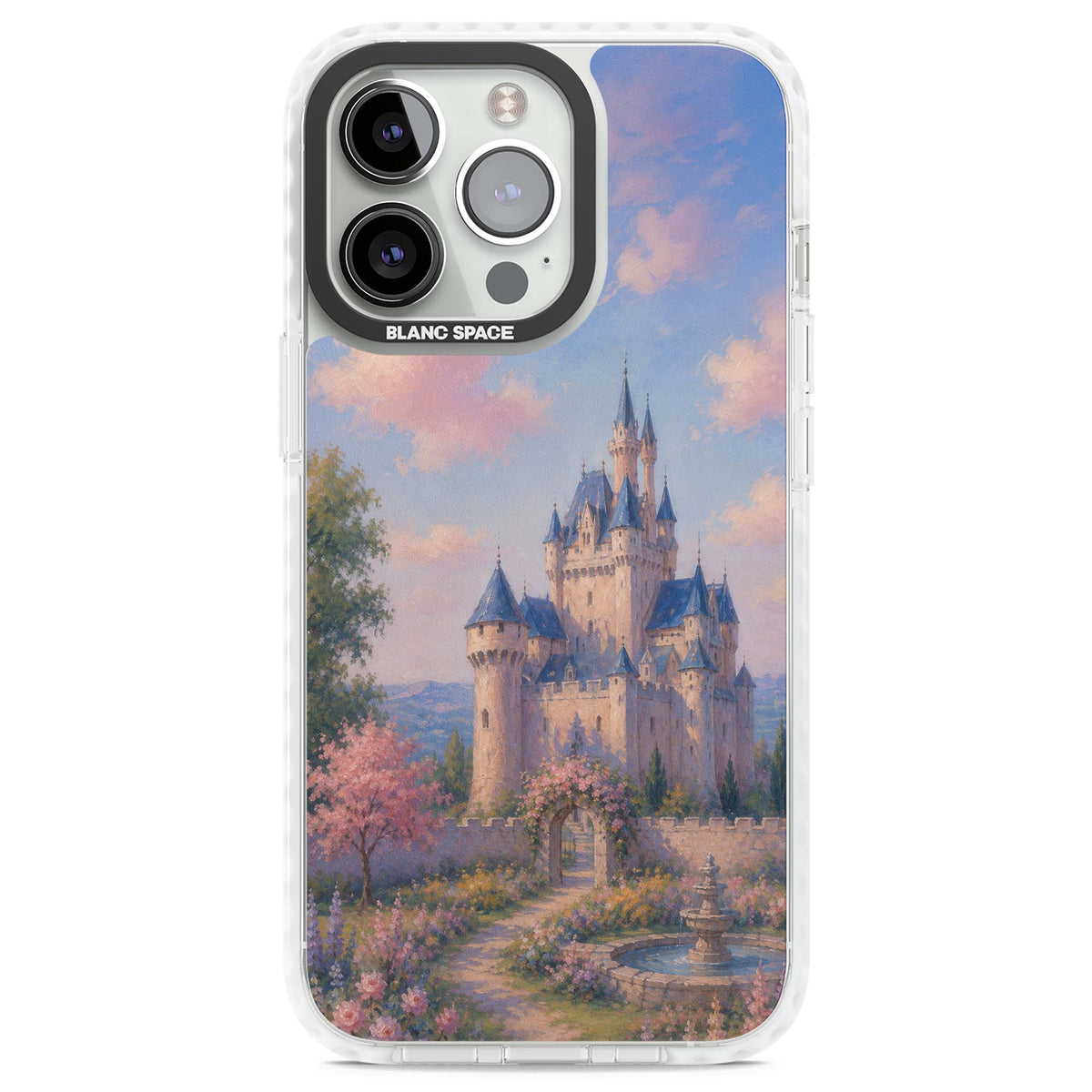 Enchanted Kingdom fairytale iPhone case featuring a romantic castle painting with cherry blossoms and pastel pink sky | Impact Magsafe case for iPhone 13 Pro, iPhone 14 Pro, iPhone 15 Pro